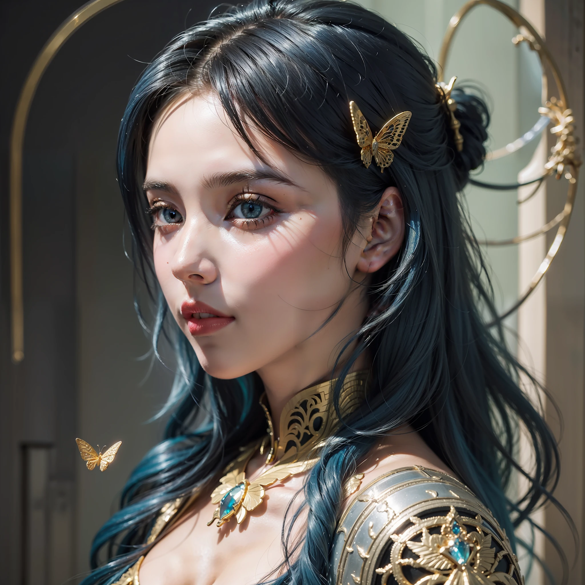 8k portrait of beautiful cyborg with blue hair, intricate, elegant, highly detailed, majestic, digital photography, art by artgerm and ruan jia and greg rutkowski surreal painting gold butterfly filigree, broken glass, (masterpiece, sidelighting, finely detailed beautiful eyes: 1.2), hdr, magical land, glass armor