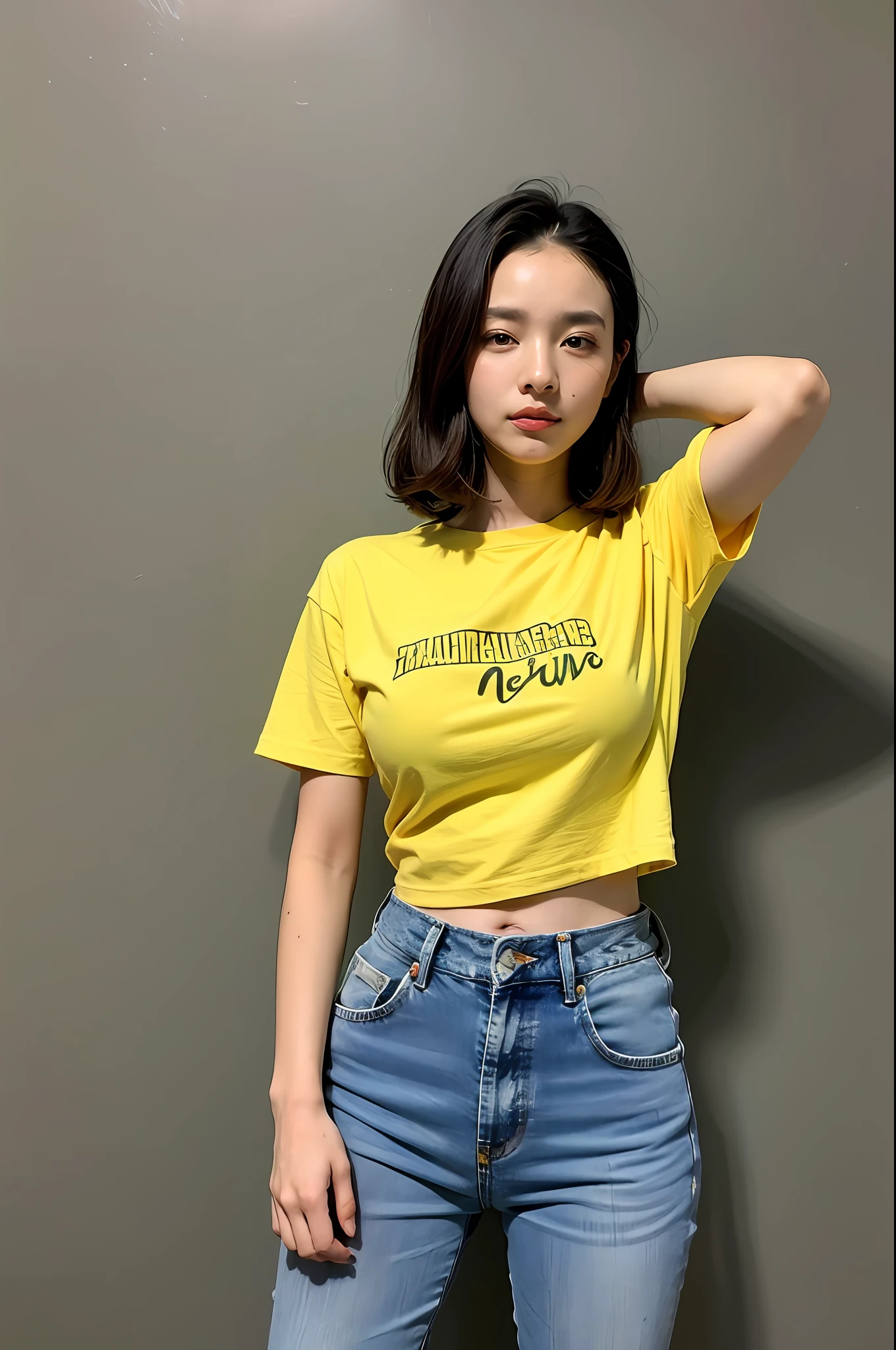 (corpo altamente detalhado, rosto altamente detalhado, melhor qualidade: 1.2), uma mulher, olhar para o espectador, (moletom, jeans), (campo amarelo de fundo: 1.4)