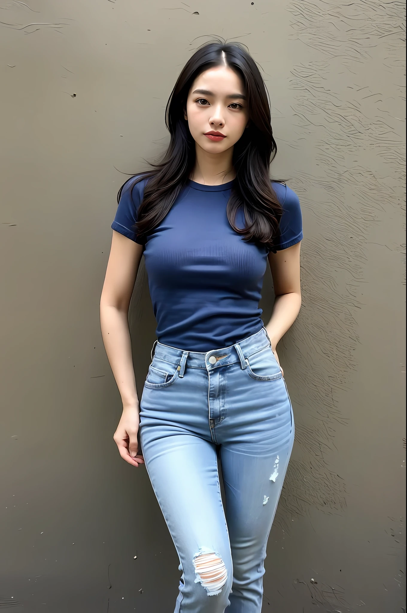 (corpo altamente detalhado, rosto altamente detalhado, melhor qualidade: 1.2), uma mulher, olhar para o espectador, (moletom, jeans), (campo amarelo de fundo: 1.4)