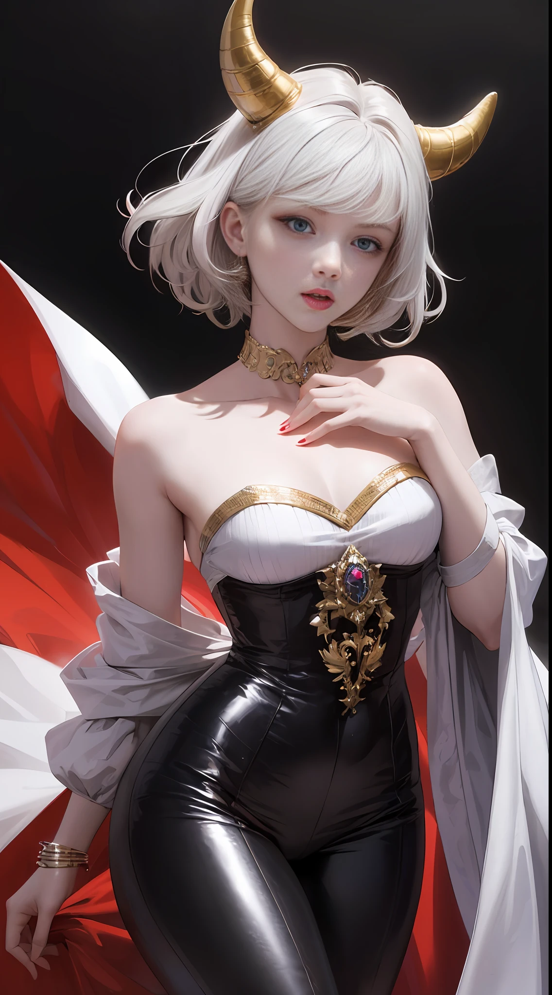 (tmasterpiece,best qualtiy:1.2),woman,Short hair is light blue,There are two short red and black horns on the head,Black bandeau,White delicate gold-encrusted robe,无袖,long leges,black colored leggings,Big eyes:1.2 --auto