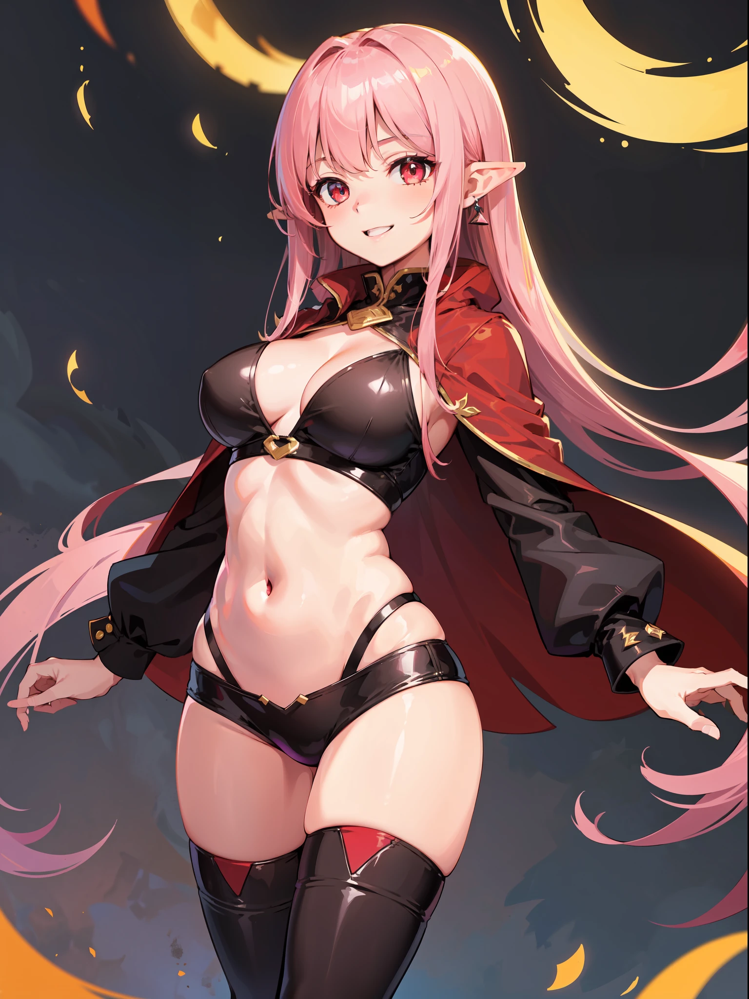 top-quality、1 girl in、cowboy shot、Angle seen from the front、Female Warrior、、About 20 years old、With smiling eyes、Pointed ears、dark pink hair、red eyes、slightly large breast、Black and red skimpy outfits、Long sleeve、Black knee-high boots、a navel、Medieval fantasy night background