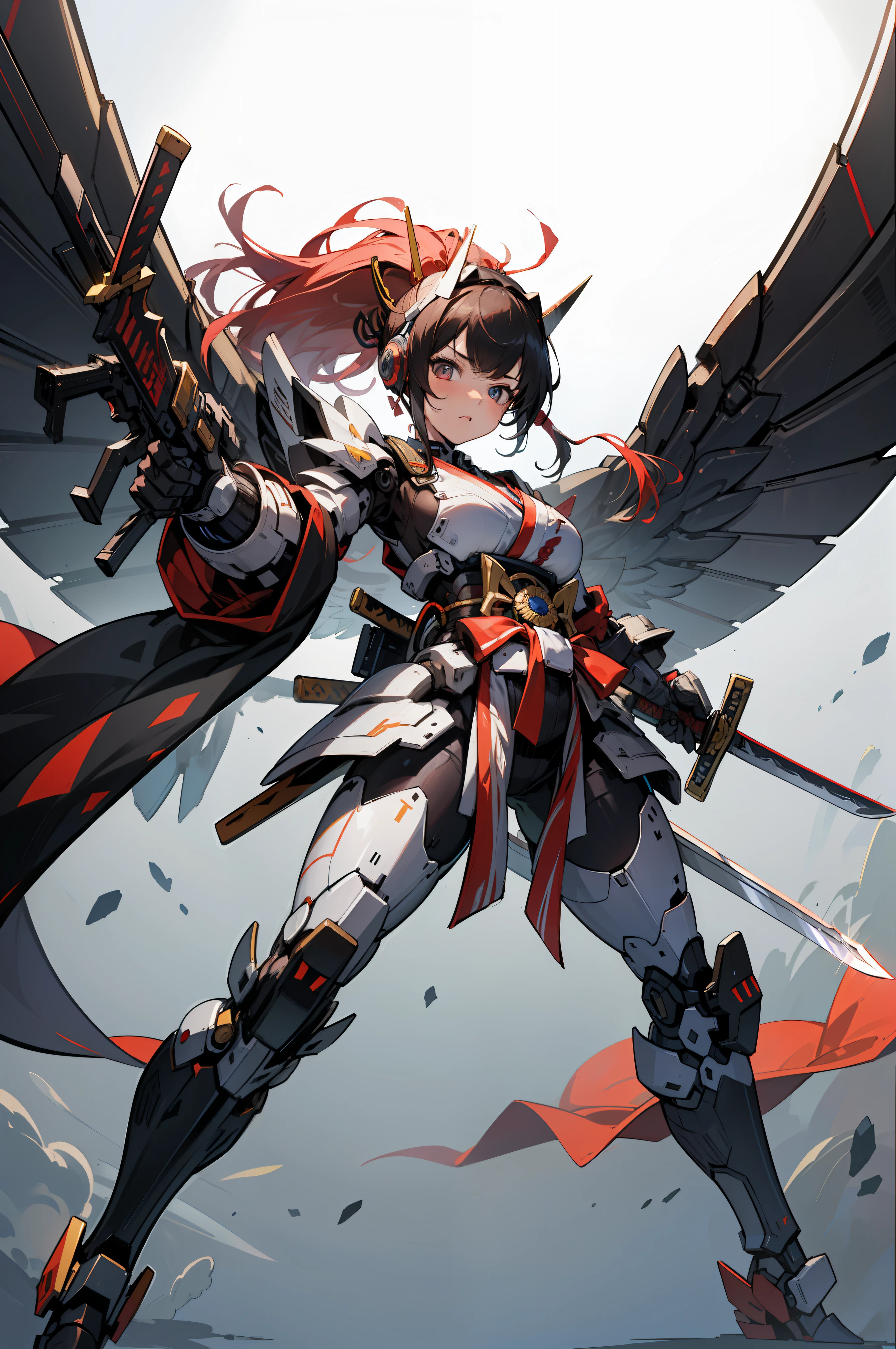 hyper quality, Hyper Detailed,Perfect drawing,Solo, Beautiful Girl, masutepiece, (mecha musume), Mechanical Armor, Headgear, mechanical wings, holding huge gunSamurai wielding a sword, Black ponytail, Hair tied up with a large red ribbon, Equipped with two Japan swords ((extra huge oversize cool samurai_sword in hands, extra huge cool weapon machine)), open stance, actionpose,purgatory,