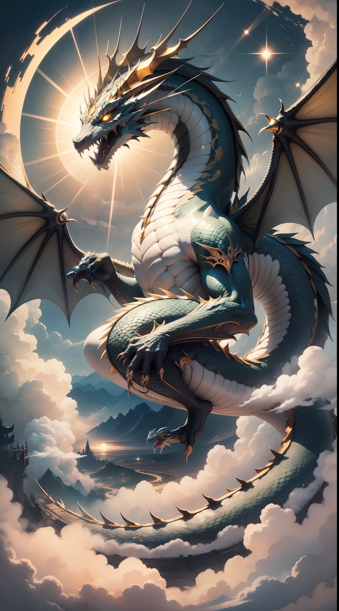 ((chinesedragon:1.4+faucet:0.8)|Dragon body)+White-gold scales+Majesty+The dragon is in the sky+the Sun Shining+Sky like heaven+surrounded by cloud+Fairy air fluttering+Ink painting style+32K+tmasterpiece+Full of details+hyper HD+high qulity+No wings)