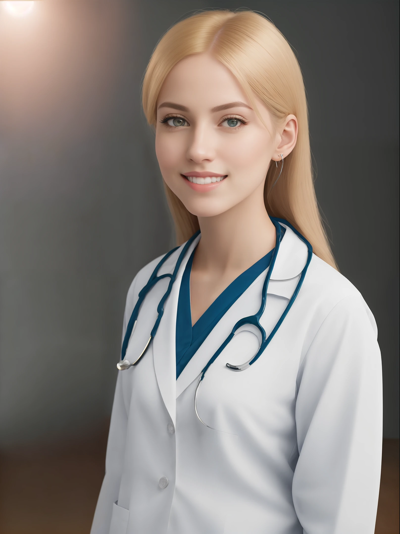 shopping mall, long blonde fringe hair, brown eyes, 1girl, doctor, Stethoscope on neck, smile, innocent, 100mm lens, (photorealistic, lens flare:1.4), look right side,  as doctor, uniform, (intricate details:1.2),(masterpiece, :1.3),(best quality:1.4), (ultra highres:1.2), ultra high res, (detailed eyes), (detailed facial features), HDR, 8k resolution, (Stethoscope), far view, reflections on floor, low cut open cloth