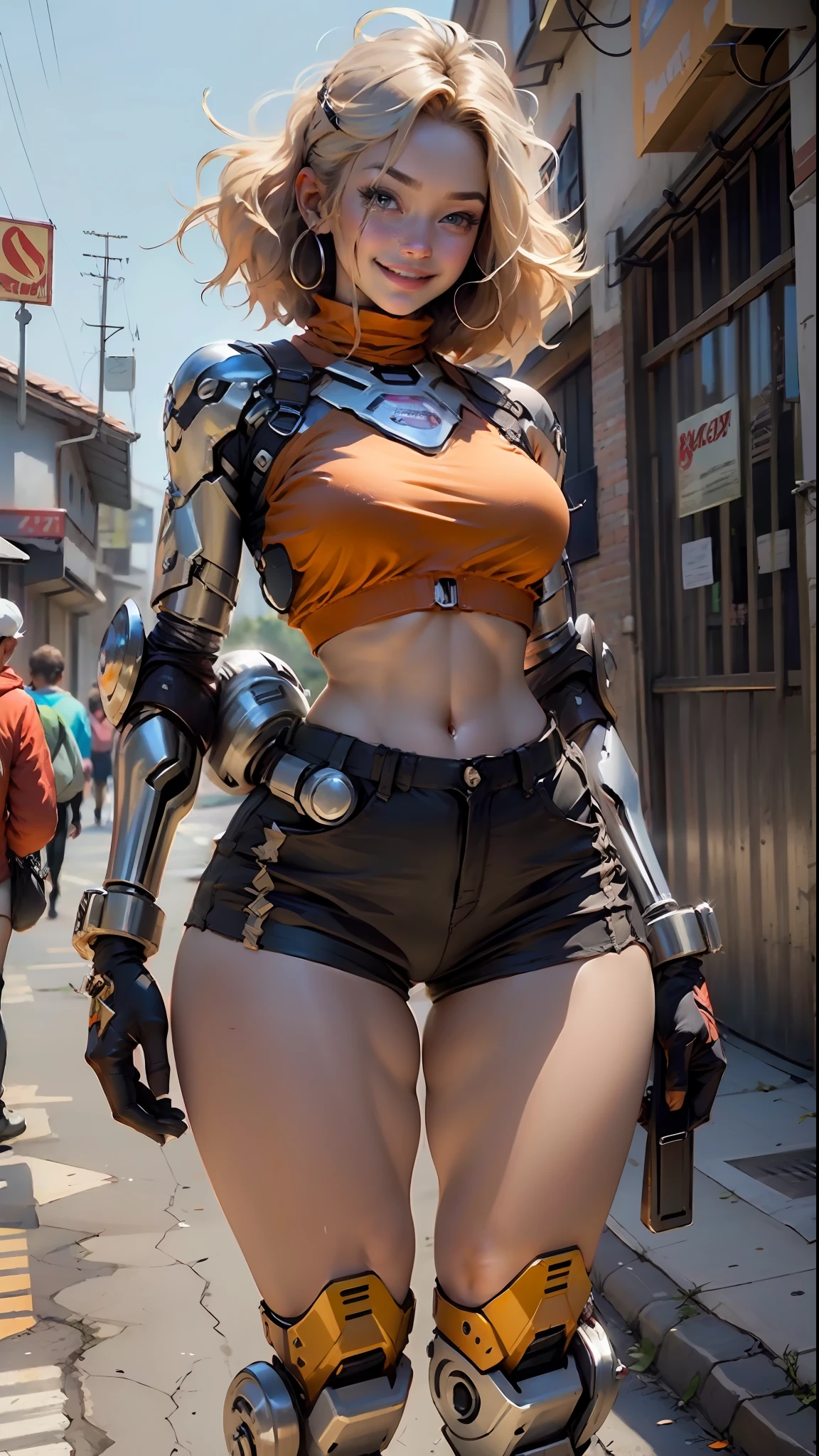 Beautiful cool woman smile, short underwear, thick thighs defined body cybernetic prosthesis, big boobs, orange high top short, big weapon,