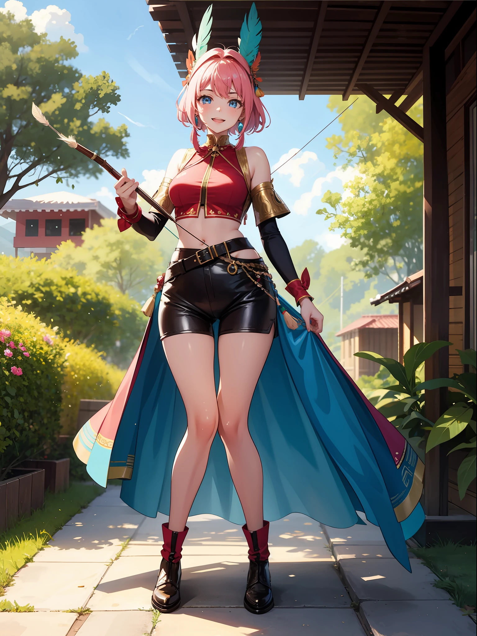 ((full body, standing):1.5), {((1woman))}, {((wearing brown leather indian clothes with feathers extremely tight and short on the body, short leather shorts and short velvet)), ((extremely gigantic and firm breasts)), ((short pink hair, mohawk, sparkling blue eyes, wearing small feathered headdress)), ((looking at viewer, maniacal smile, doing erotic pose, holding a bow and arrow)), ((in an indigenous village with several Indians, Indians in their homes))}