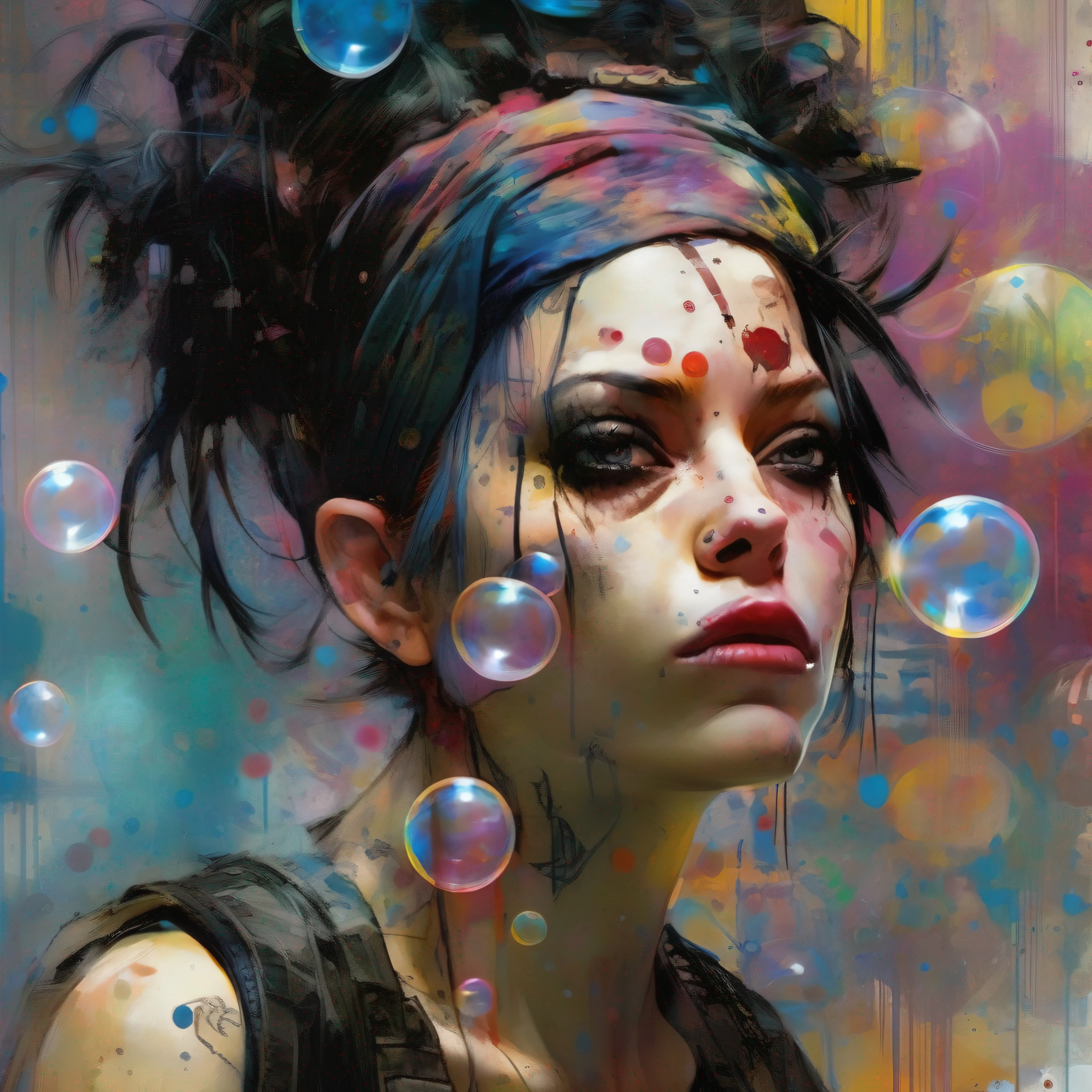 (snthwve style:1) (nvinkpunk:0.7) drunken beautiful woman as delirium from sandman, (hallucinating colorful soap bubbles), by jeremy mann, by sandra chevrier, by dave mckean and richard avedon and maciej kuciara, punk rock, tank girl, high detailed, 8k,
sharp focus, natural lighting, subsurface scattering, f2, 35mm, film grain