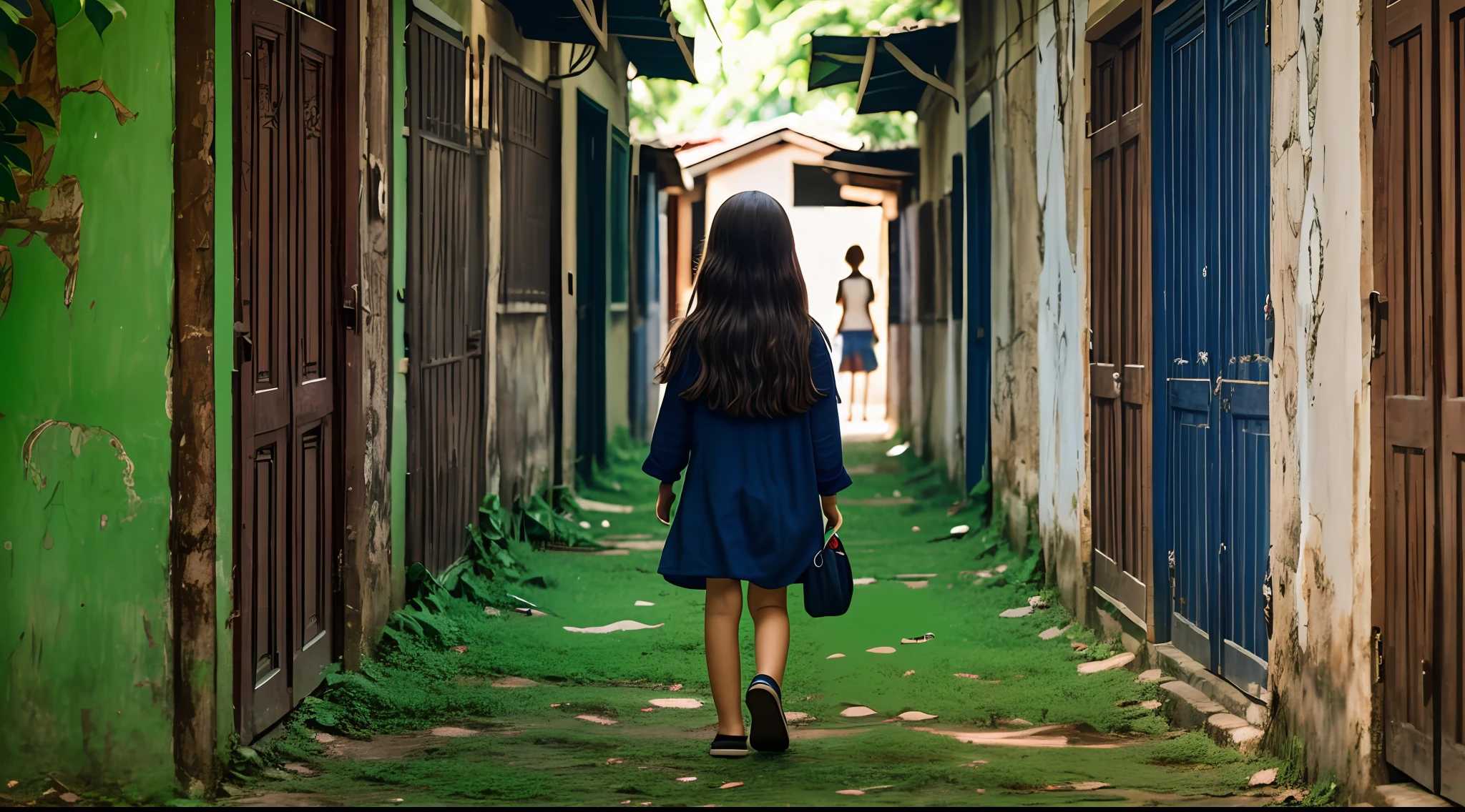 there is a girl CHILD with 10 years, cabelos claros e olhos grandes e vivos verdes, olhar perdido, it's on a shady street, and from afar she sees a shadow.