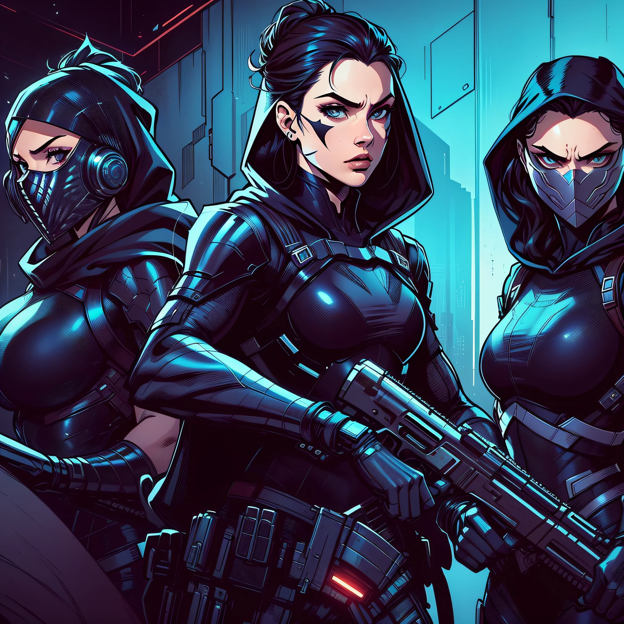A female superhero group, ready for battle, wearing tech armor, hoodies, masks, futuristic display, and holding advanced weapon,, masterpiece, epic composition, appeal, movie poster, posing for a photo