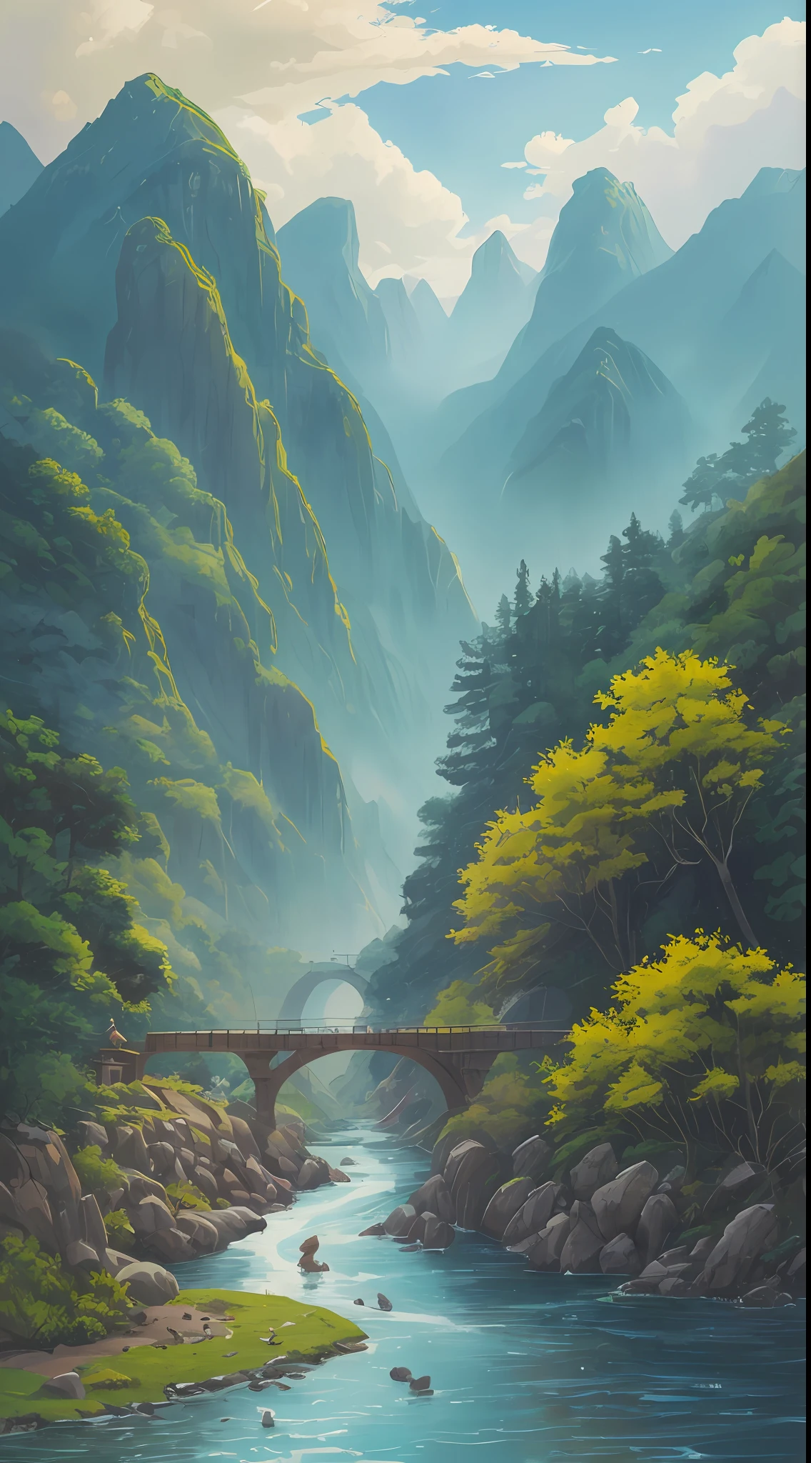 Green mountains and bamboo, peaks and mountains, rolling mountains. At the foot of the mountain, the blue water flows slowly, with slight ripples, and a quaint bridge in the distance spans the stream. Between the mountains, several egrets dance gracefully, as if showing a beautiful picture between the mountains and rivers. Clouds looming in the distance, suspended quietly in the sky, add a bit of poetry to this landscape painting. The whole painting is bright in color and smooth in brushstroke, as if you are in this landscape, feeling the mystery and infinite power of nature.