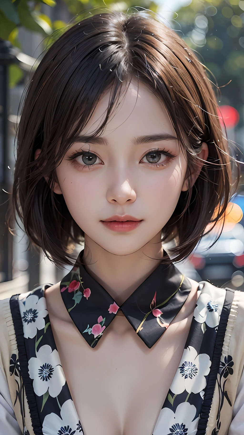 1girl, Heterochromia, gradation hair：1.5, focal, （abstract theme, abstract background,）a smile, milf, impactful。​masterpiece, 1 beautiful girl, Detailed eye, Swollen eyes, top-quality, 超A high resolution, (reality: 1.4), 电影灯光, japanes, a asian beauty, Korea person, very extremely beautiful, Beautiful skins, A slender, Forward-facing body, (A hyper-realistic), (hight resolution), (8K), (ighly detailed), ( Best Illustration), (beautifully detailed eyes), (ultra-detailliert), (wall-paper), 详细的脸, Bright lighting, Professional lighting, looking at the viewers, Facing straight ahead、short-hair、Neat and clean clothing、background slightly blurred、Street Trees、Hair color is partially vivid blue、birthday、doress、facial expression crying、sad Facial expression、