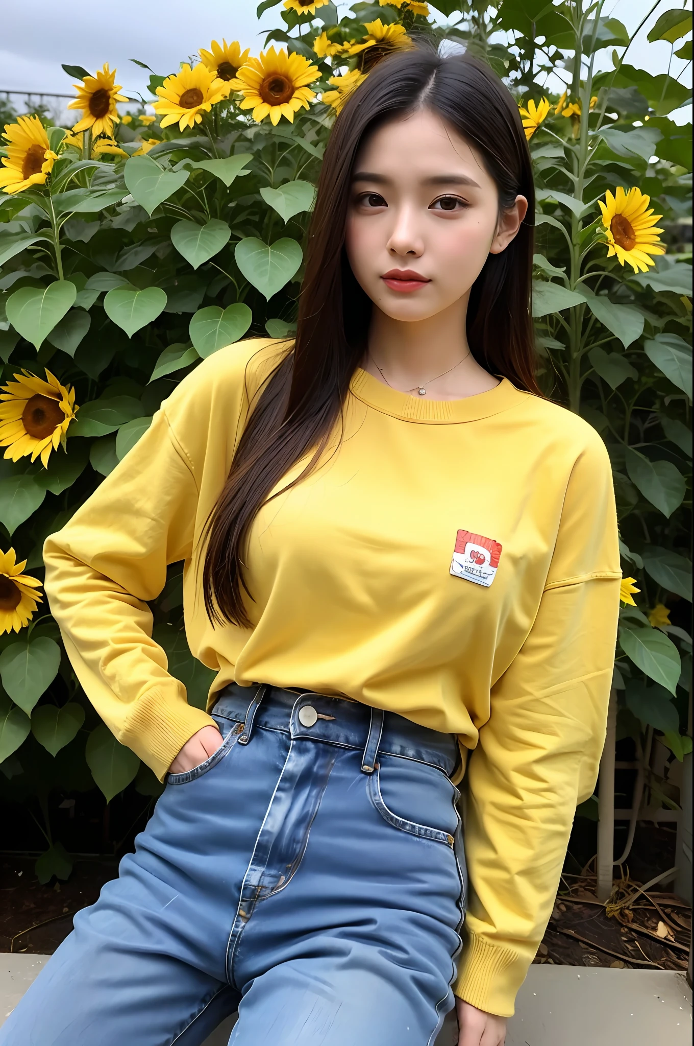 (corpo altamente detalhado, rosto altamente detalhado, melhor qualidade: 1.2), uma mulher, olhar para o espectador, (moletom, jeans), (campo amarelo de fundo: 1.4) sunflower plantation,por do sol no fundo