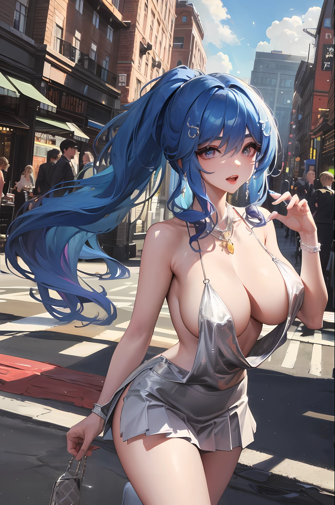 Official fine art,tmasterpiece,Sharp focus,(Beautiful gorgeous lovely Korean women:1.3),(beautiful lovely Korean people:1.3),South Korean beauties,Delicate and beautiful hair and eyes and face,realisticlying,ultra - detailed,a beauty girl,blue-sky,Glowing white particles,(sidelighting:1.2),rays of sunshine,baiyun,Detailed clouds,Slender,Cute big breasts and big buttocks,Toothy laughter,((Laugh and open your eyes)),scenecy,Long straight hair, sexy facial expression, buliding, (cityscape:1.7), Dynamic hair, Long straight hair, Delicate platinum-pink hair, glow blue eyes, (blue pleated shirt+white skirt), long white socks, paleskin, hair adornments, epic landscapes, huge tit