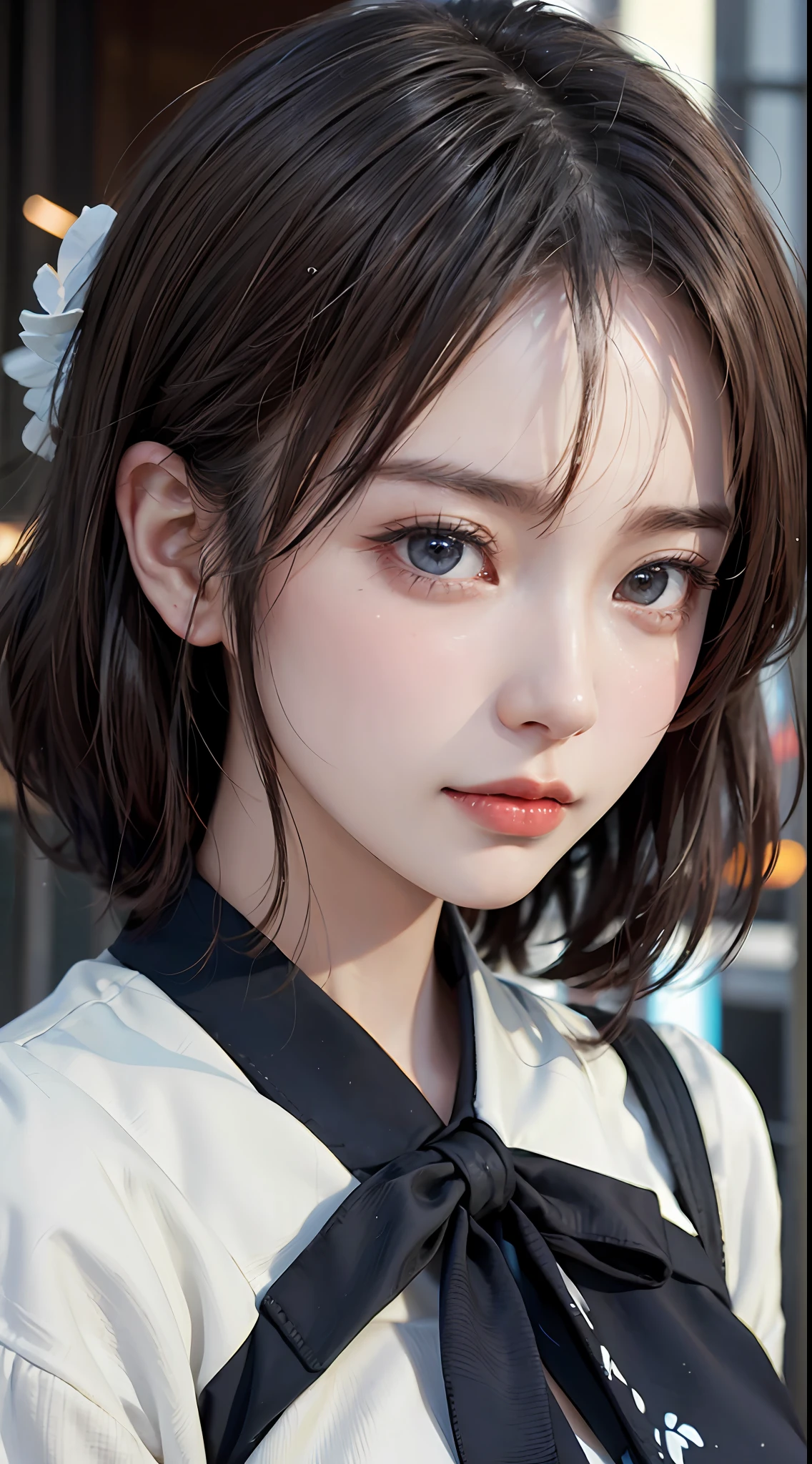 masterpiece, 1 beautiful girl, Detailed eye, Swollen eyes, top-quality, 超A high resolution, (reality: 1.4), 电影灯光, japanes, a asian beauty, Korea person, very extremely beautiful, Beautiful skins, A slender, Forward-facing body, (A hyper-realistic), (hight resolution), (8K), (ighly detailed), ( Best Illustration), (beautifully detailed eyes), (ultra-detailliert), (wall-paper), 详细的脸, Bright lighting, Professional lighting, looking at the viewers, Facing straight ahead、short-hair、Neat and clean clothing、background slightly blurred、Street Trees、Hair color is partially vivid blue、doress、facial expression crying、sad Facial expression、