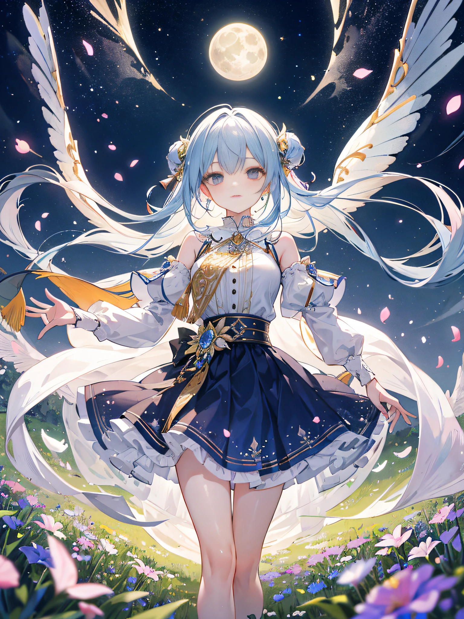 In a realm of enchantment, within a magical forest, a mystical fairy girl emerges, a radiant being adorned in gossamer threads of moonlight. her skirt, woven from petals and stardust, shimmers with an iridescent glow, reflecting the celestial canopy above. As she flutters amidst blossoming trees and twinkling fireflies, the air resonates with the ethereal symphony of nature's whispers, Create a field where dreams and reality are intertwined，Form a dance of pure charm.