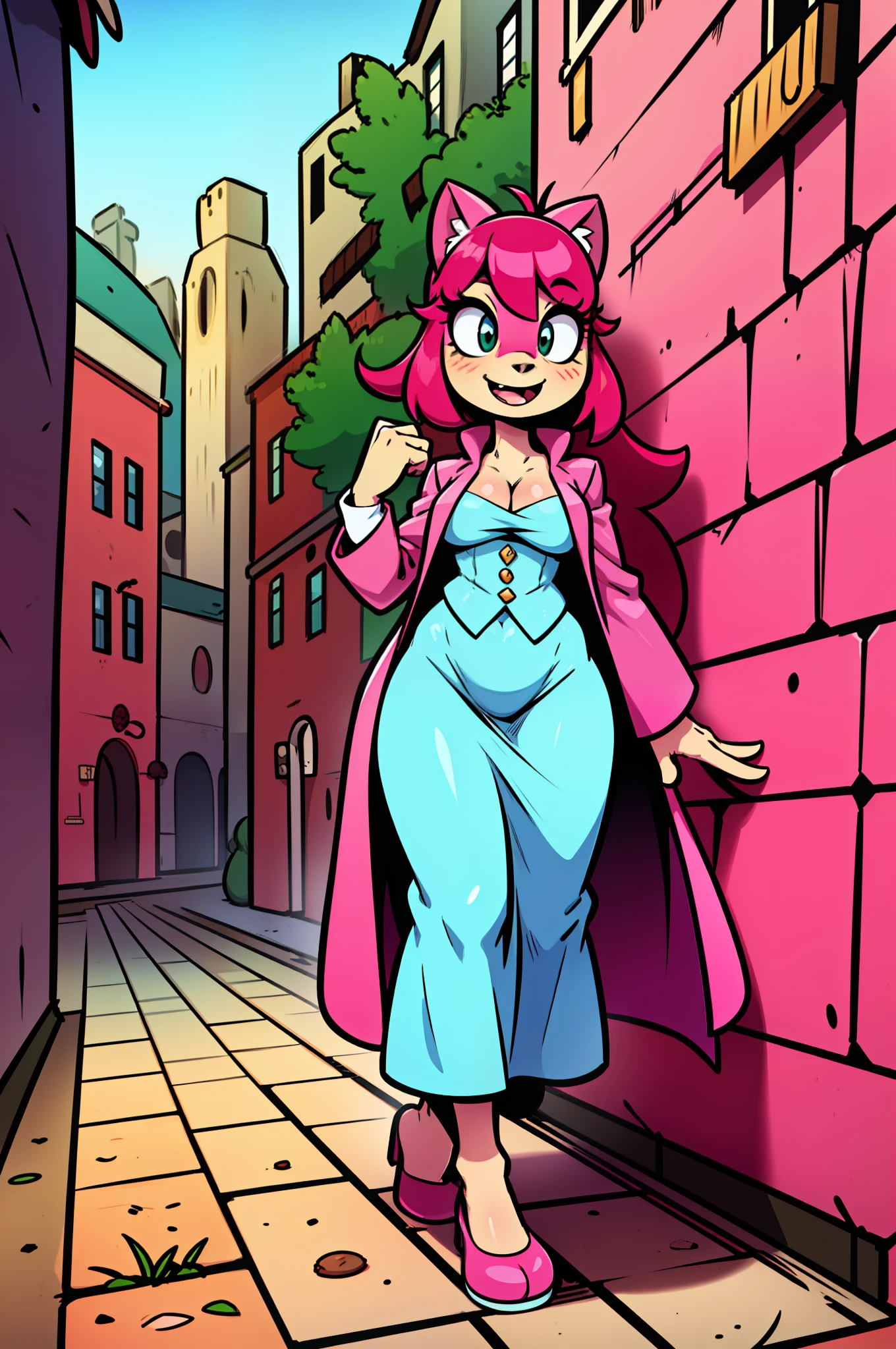 catgirl, furry, toon, cartoon, pink hair, walking,, lion tail, cat ears, animal nose, coat, vest, smile, long dress, long robe, long skirt, priestess, religiouse, medieval