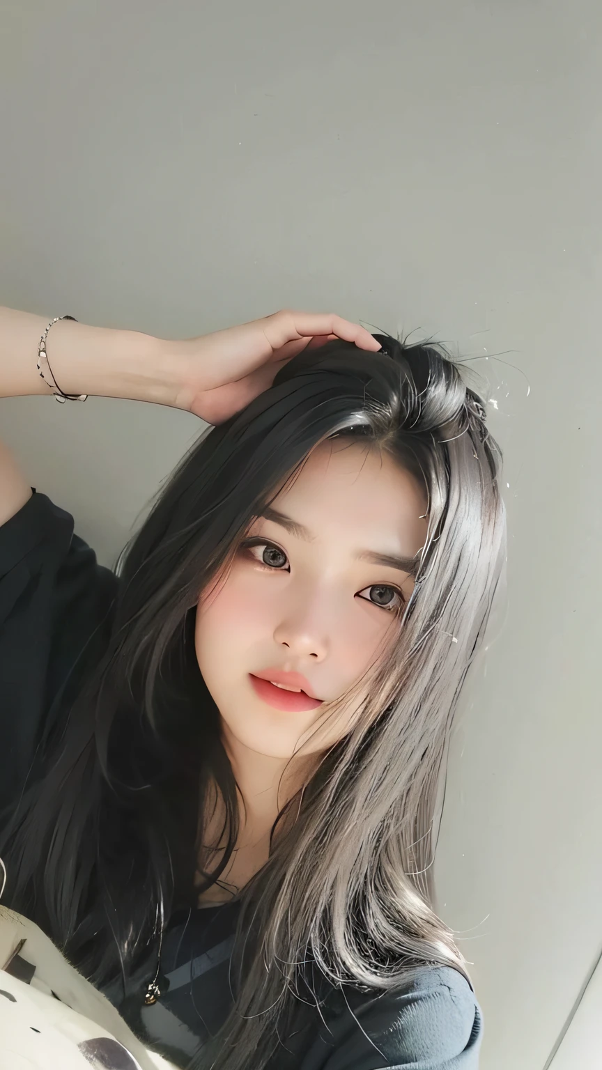 there is a woman with long hair posing for a picture, korean girl, korean woman, beautiful south korean woman, girl silver hair, gorgeous young korean woman, asian girl with long hair, an asian woman, straight grey hair, dark gray hair, sakimichan, with dark grey hair, silver long hair, with long hair, beautiful young korean woman, masterpiece, 8k, cleavage, big boobs, bust detail, hair detail, eye detail
