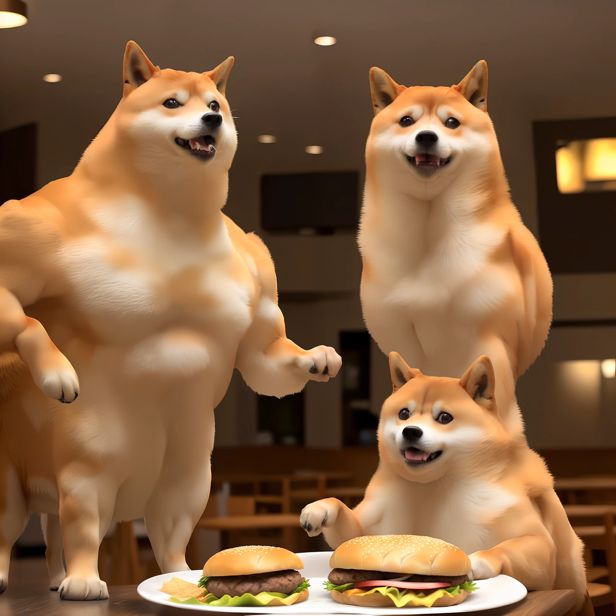 a professional photo of [(((buff Swoledoge))):buff Swoledoge:8], grinning, dog body, eating a large burger in a restaurant, cinematic dramatic light, smooth transition, bokeh