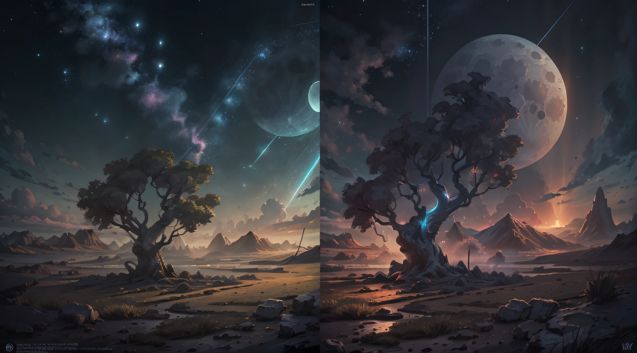 Expansive landscape photography, (See below.), Above is the sky, Below is an open field), (Full Moon: 1.2), (Meteor: 0.9), (Nebula: 1.3), distant mountain, BREAK tree making art, (Warm light source: 1.2), (Firefly: 1.2), lights, Very purple and orange, complicated detail, volume lighting, BREAK realism (Masterpiece: 1.2), (best quality), Ultra-detailed, RAWExtremely detailed, Colorful details,  (Rainbow colors: 1.2), (bright lighting, atmospheric lighting), Dreamlike, Magical, 4k