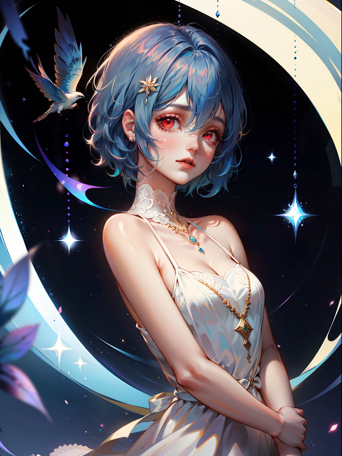 1girl, (solo), blue hair, red eyes, short hair, white dress, galaxy, beatiful body, jewerly, stylish_style2, potrtrait