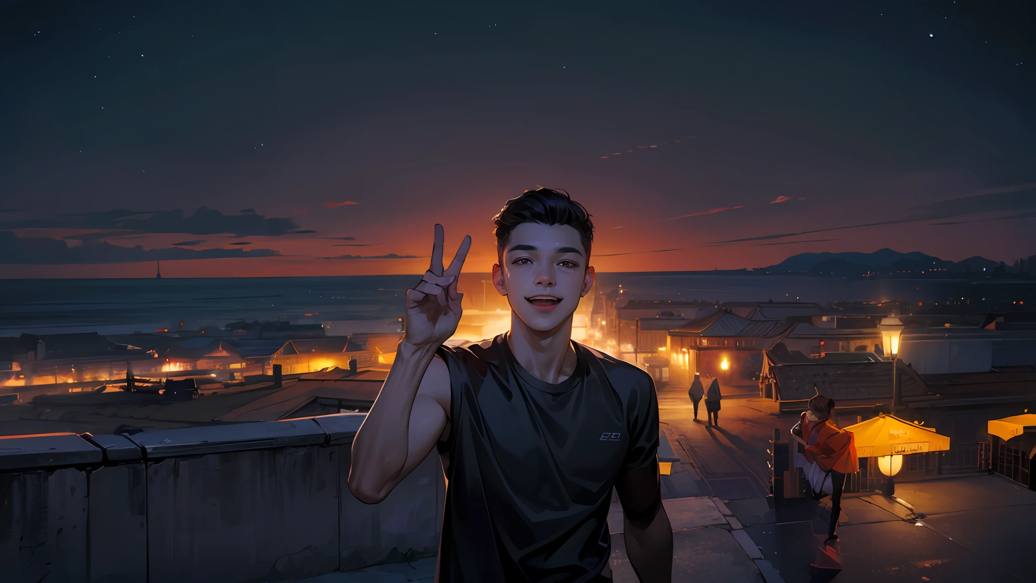 (absurd, elevation, hyper-detail, HDR), masterpiece, best quality, 1 boy, handsome asian, short hair, sharp eyes and detailed face, (white t-shirt), ( red jacket), dimples, daytime, city, selfie, light smile