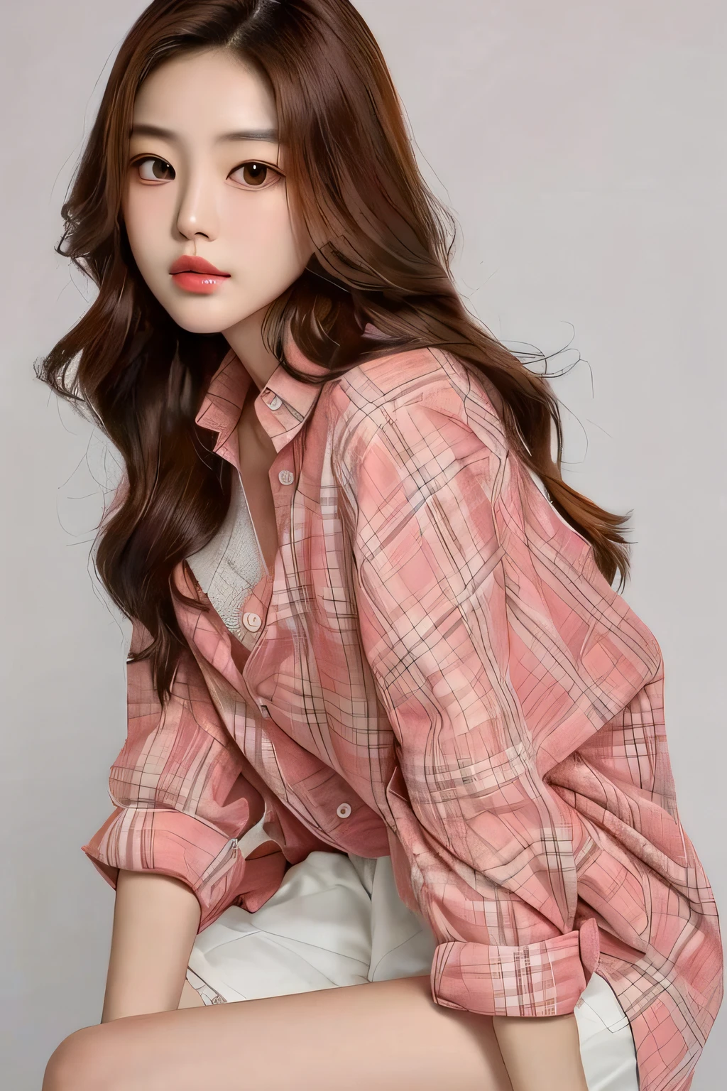 a close up of a woman sitting on a stool wearing a pink shirt, bae suzy, korean women's fashion model, wearing plaid shirt, jinyoung shin, wearing a flannel shirt, wearing a plaid shirt, gorgeous young korean woman, sun yunjoo, ulzzang, flannel, plaid shirt, beautiful young korean woman, pink shirt, heonhwa choe this is a different charm of beauty is very attractive.