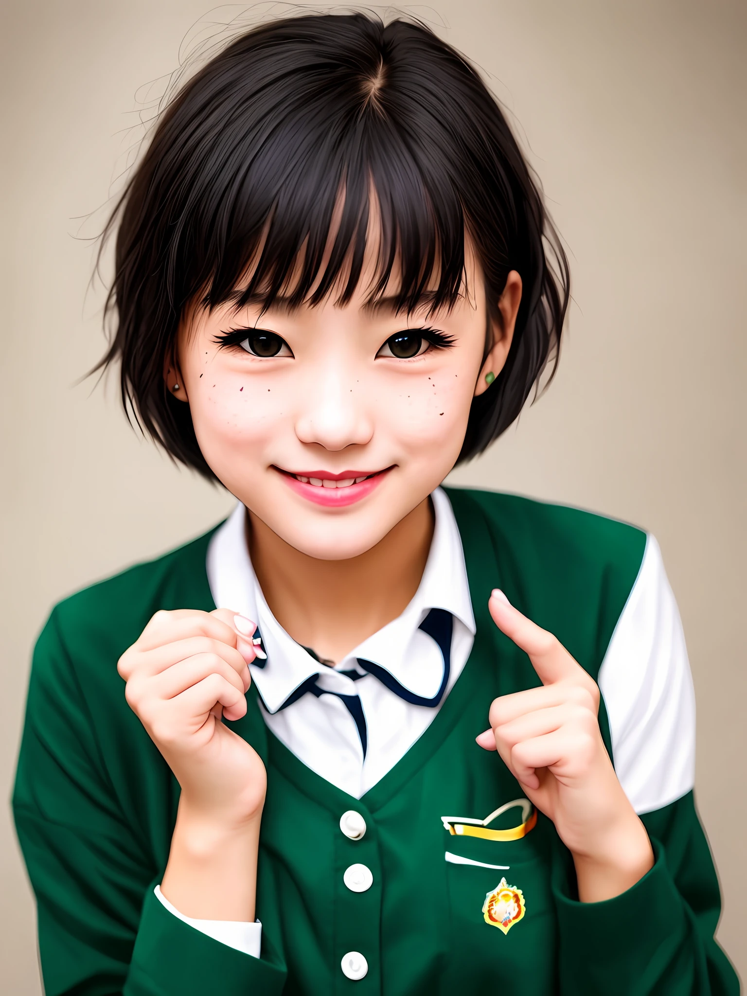 one-girl,with short black hair,There is a mole on the right cheek,Wear a white and green school uniform,Only the head is displayed,二重まぶた,Garlic nose,ssmile,Scissorhands gesture