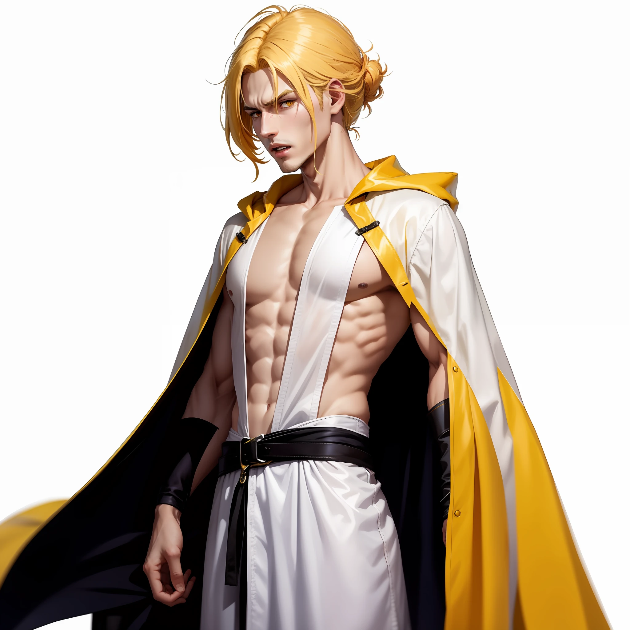 anime - style male in white and yellow outfit with cape, character from king of fighters, johan liebert mixed with alucard, fighting game character, male anime character, as a character in tekken, johan liebert, johan liebert mixed with dante, sakimichan frank franzzeta, wearing torn white cape, handsome guy in demon slayer art, final fantasy character