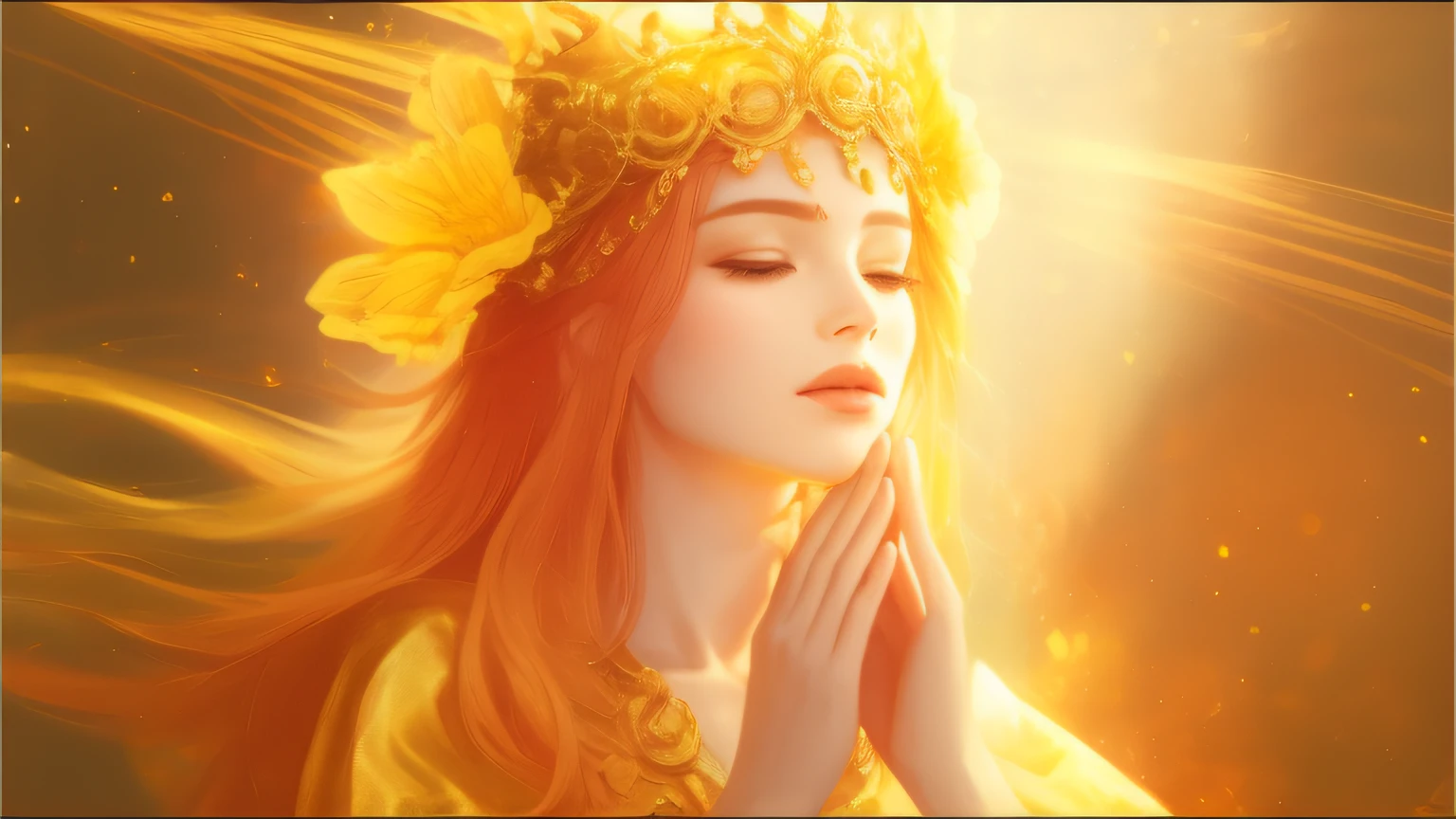 uma mulher com uma coroa de flores no cabelo rezando, como a deusa do sol, Deusa do Sol, ((uma bela imperatriz fantasia)), orange yellow ethereal, gold ethereal light, irradiando luz dourada, Deusa do outono, deusa bonita, wearing a golden halo, uma bela imperatriz fantasia, golden halo behind her head, holy flame crown spell, Aura dourada --auto