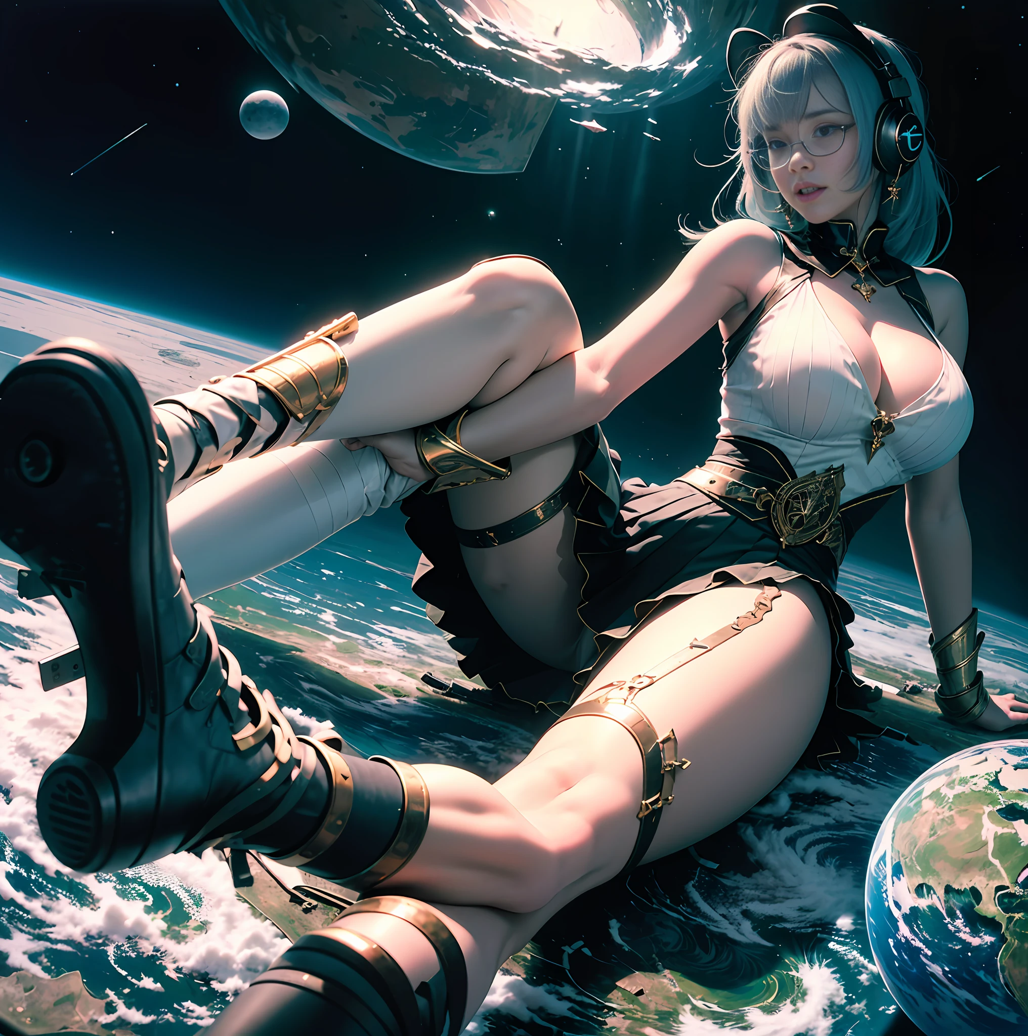 (( best qualtiy, 8K, tmasterpiece :1.3)), A beautiful woman with a perfect figure :70.2, Slender abs :12, ((gigantic cleavage breasts :70.5)), Highly Detailed Face and Skin Textur, 二重まぶた,Head looking at the camera,CatEarHeadphones,Leg line:3,Thick thighs,Ultra-thin waist,High socks,lightblue hair,Absurdly long hair,Qi bangs,black sock,Stockings,blue color eyes,Positive side,full bodyesbian,belo sorriso,Adults,extra long leg:2,plumw,Fashionab,ellegance,Absolute realm,delicated,Need,巨作,round frame glasses,Red bow,White sailor suit,Red sailor collar,a black pleated skirt,Black leather shoes,blue color eyes,largeeyes,One guy,adolable,starrysky,kosmos,Embrace the planet,Close up,in the cosmos