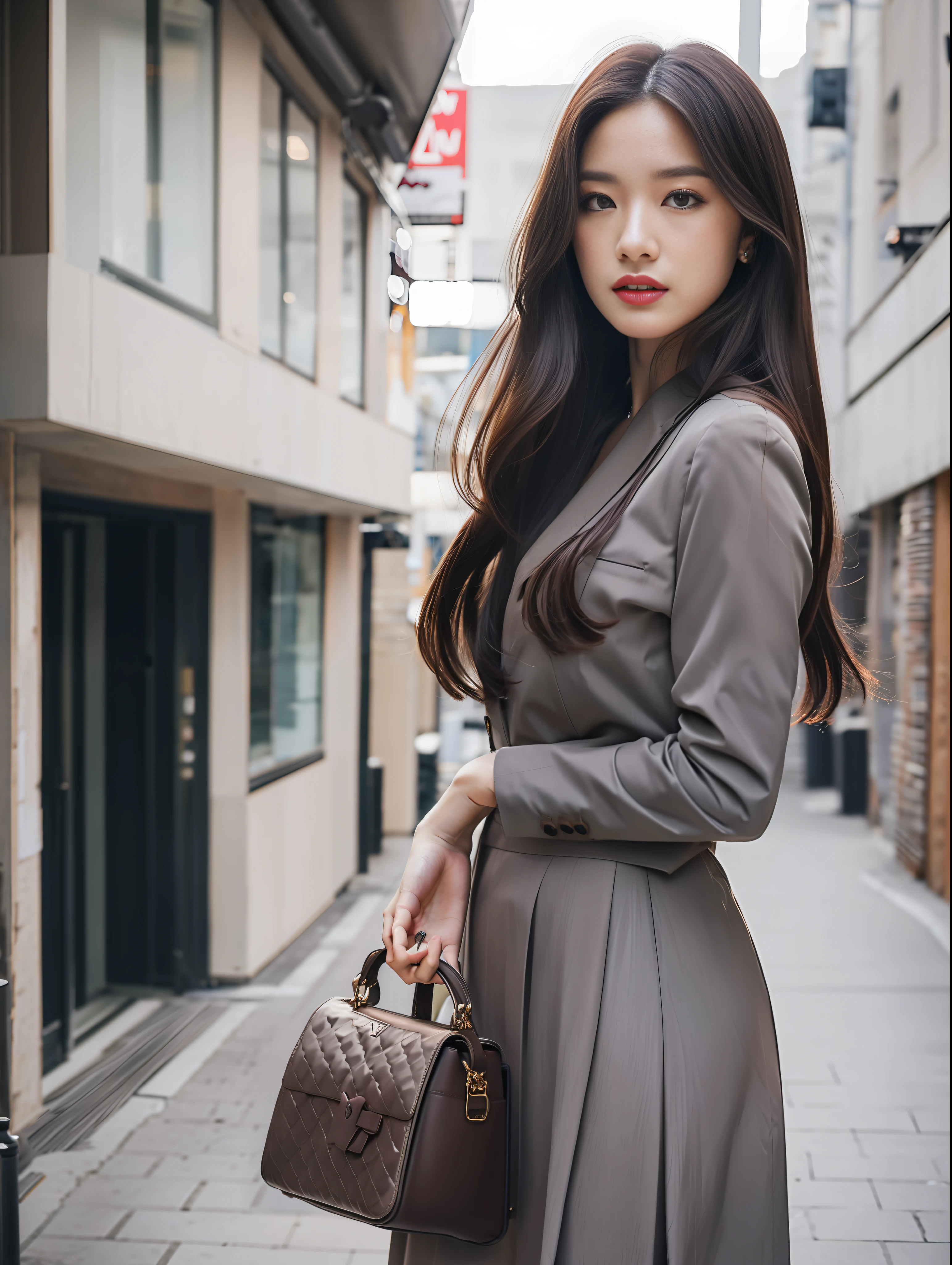 The twilight of autumn: A fashion model in a layered Prada outfit poses against a backdrop of russet maple leaves. This low angle view shot by Bruno Barbey for AnOther Magazine captures the melancholic beauty of autumn  --ar 4:5 50 --style raw --s 2