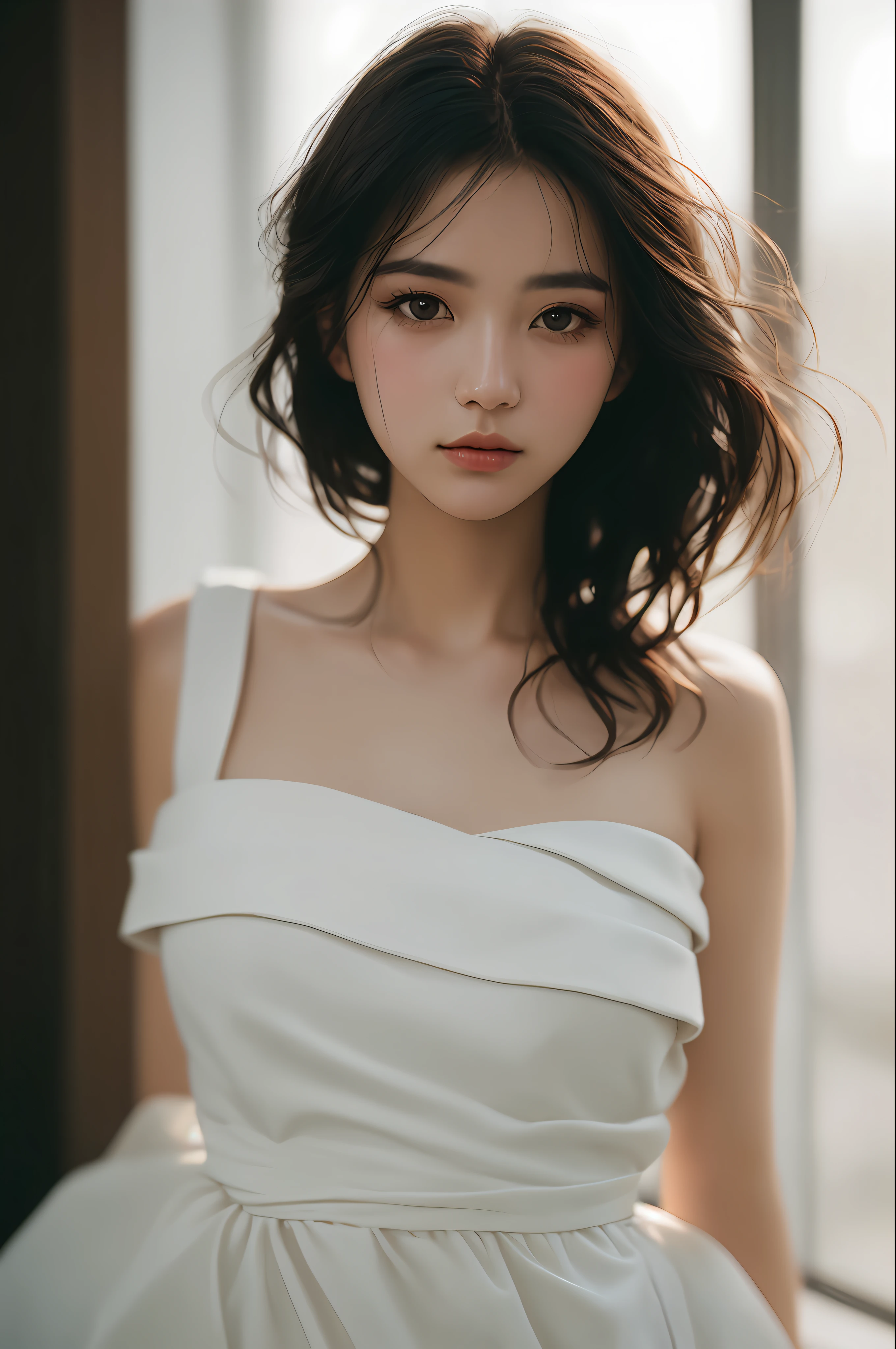 filmg, film portrait photography, 1girl, bare shoulders, wavy shoulder-length hair, serene, calm, (realistic detailed eyes, natural skin texture, realistic face details), soft dramatic lighting, depth of field, bokeh, vibrant details, finely detailed, hyperrealistic, 35mm film, hazy blur