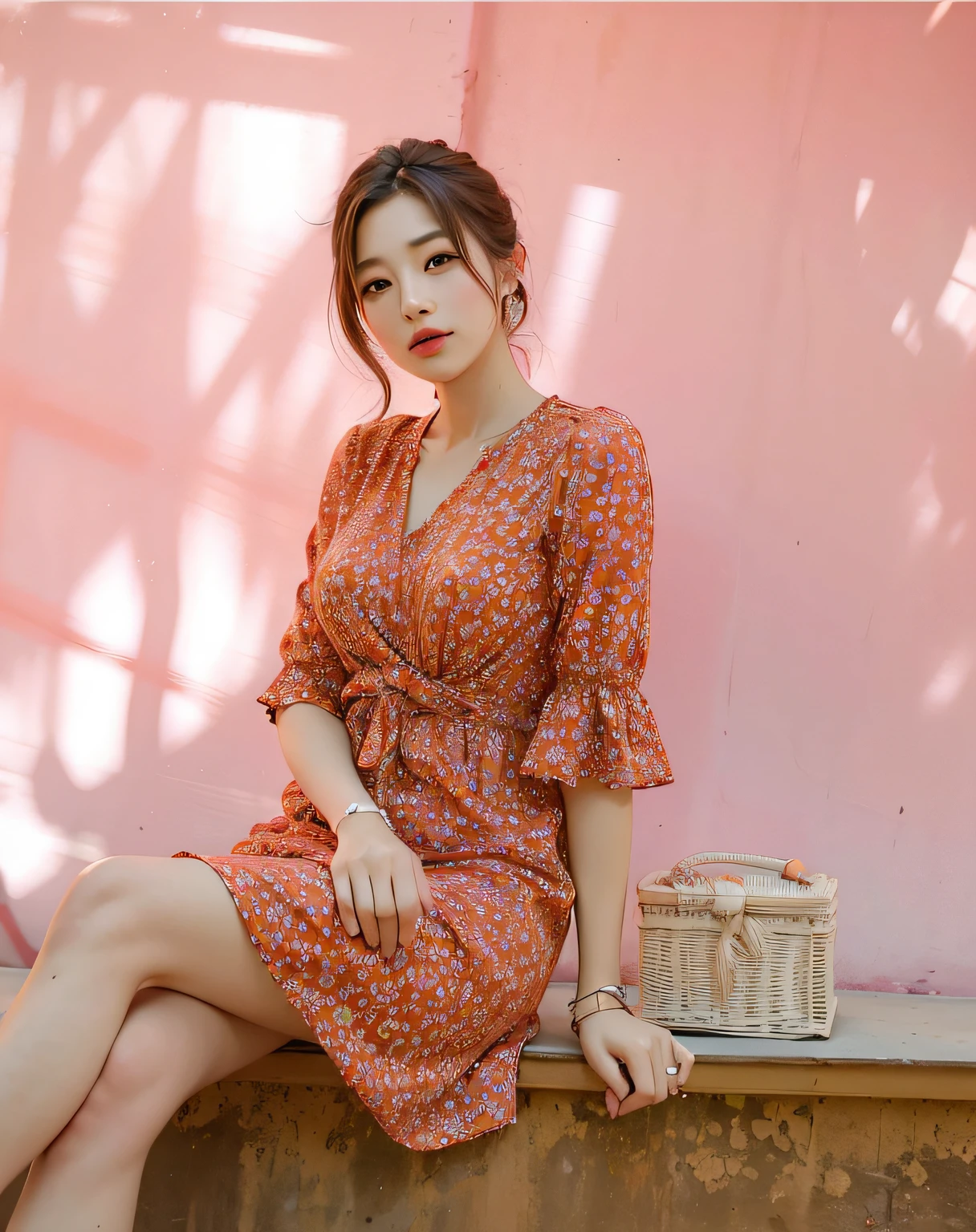 araffe woman sitting on a bench with a basket and a pink wall, korean women's fashion model, bae suzy, red floral dress, wearing in a summer dress, flowery dress, wearing orange sundress, floral clothes, flower dress, femme, summer dress, cheery, sakimichan, wearing a long flowery dress, feminine girly dress this is a different charm of beauty is very attractive.