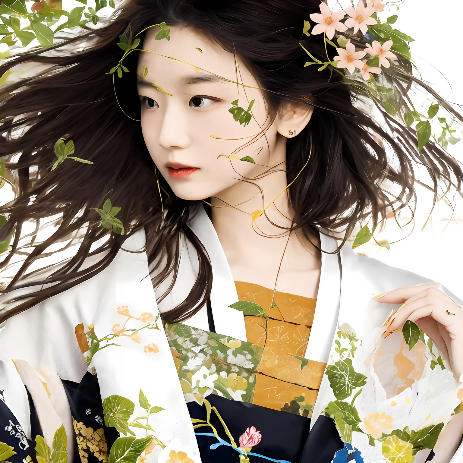 photorealisim、In summer, The tree々Against the background of sunlight from between、Transparent fashion magazine pictures、Young Japan woman in white very thin kimono with bird and snake pattern, Describes a Japan girl wearing a kimono with Hokusai's bird and wood motif over a translucent dress made of lace or mesh fabric. As the sunlight shines through the fabric of the kimono, It creates dynamic shadows and patterns in motifs that seem to meander around the girl's body and legs, Reflecting on her inner desires and passions as a child. This is、Encourage experimentation to create fashion as an interactive system