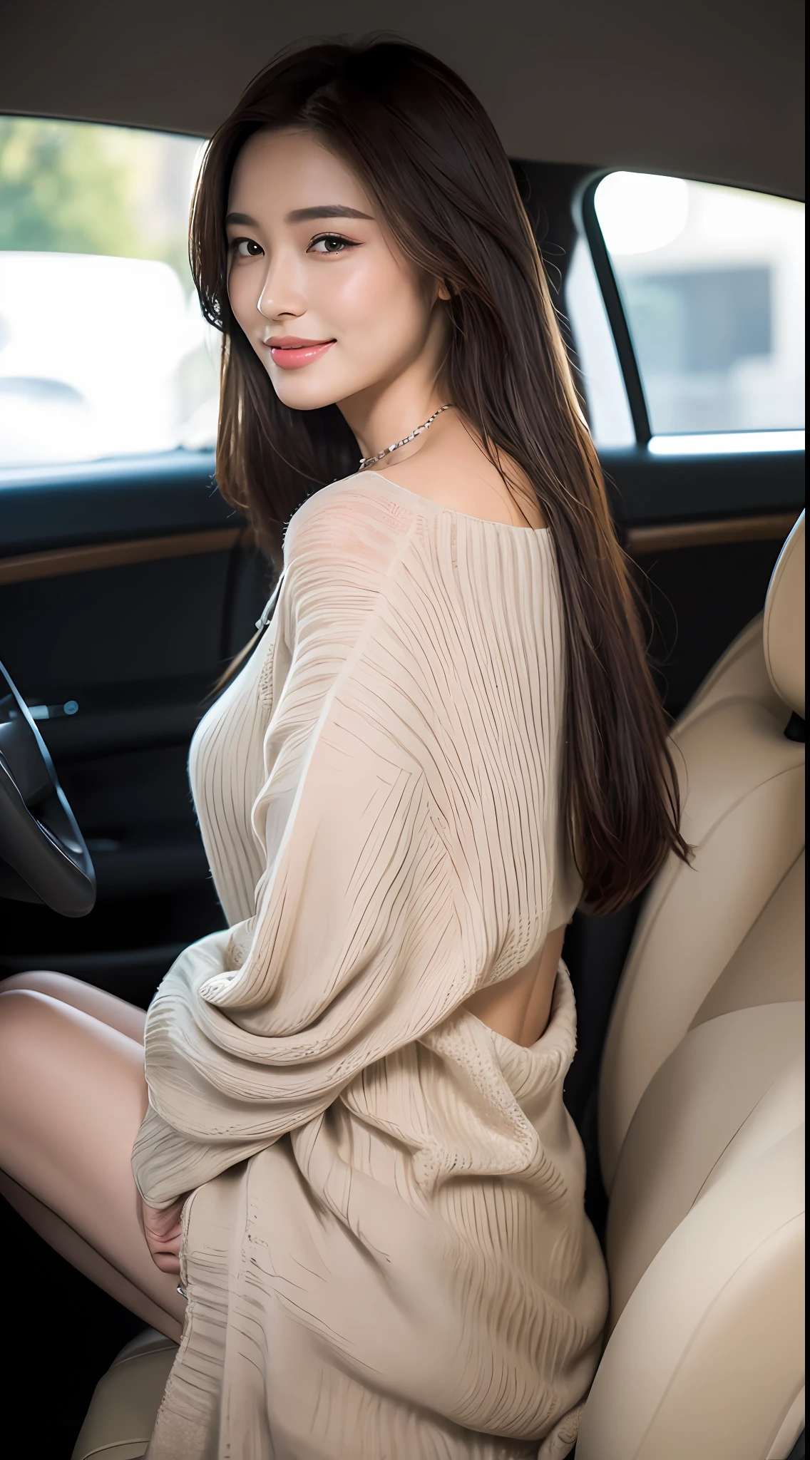 ((best qualtiy, 8K, tmasterpiece:1.3)), Focus:1.2, perfect figure beautiful woman:1.4, Cocked buttocks:1.2, ((Exquisite Hair)), (sweaterdress:1.1) , (sports cars, street: 1.2), Highly detailed facial and skin texture, A detailed eye, 二重まぶた，Whiten skin，huge tit，ssmile，Wear a necklace，gyuru，People sit in cars and their asses，The neckline leads to the chest，The clothes are highly transparent