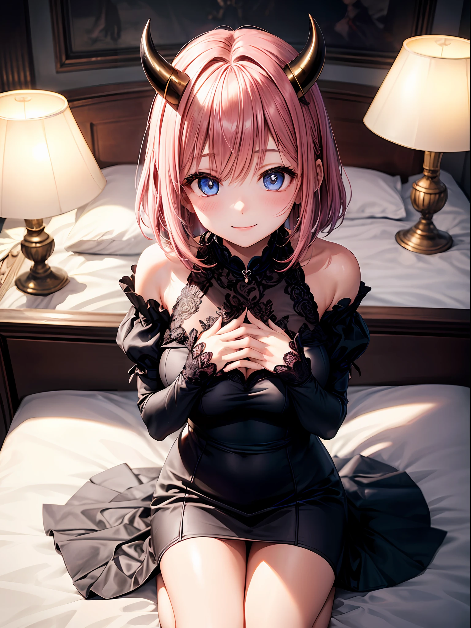 top-quality、1girl in、black horns:1.3、dark pink hair、Bob Hair、Inner curl、Blue eyes、Pink blush color under the eyes、a smile、Black collared dress、Black sleeves、Put your hands on your knees、Shoulder out、Colossal tits:1.1,Open chest、Constriction:1.2、Black miniskirt、Thin leg、View here、Angle from diagonally above、dark ilumination、natta、castle room、chandeliers、Sit on the bed、Background blur