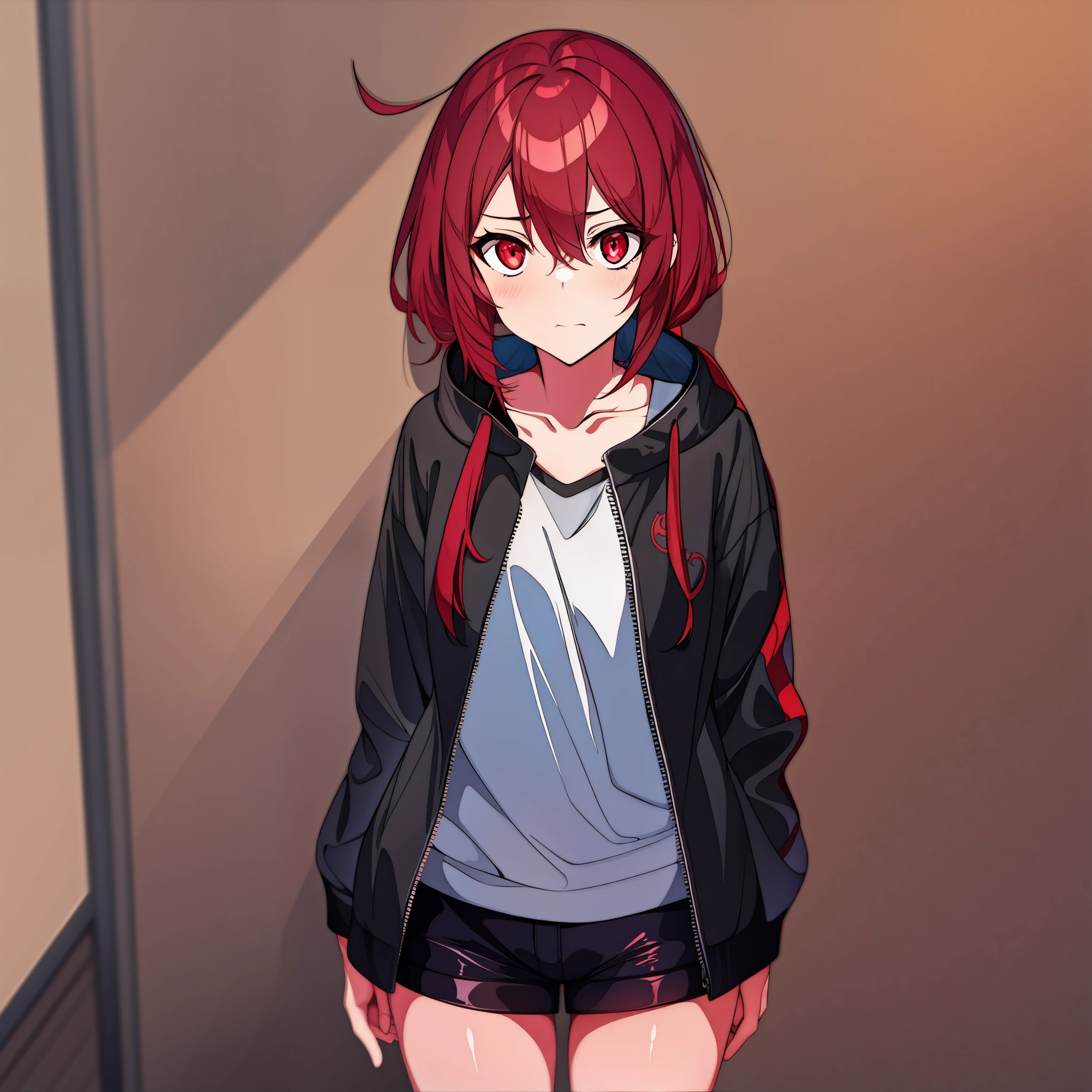 Smaller teenage female with red hair and red eyes, tsundere