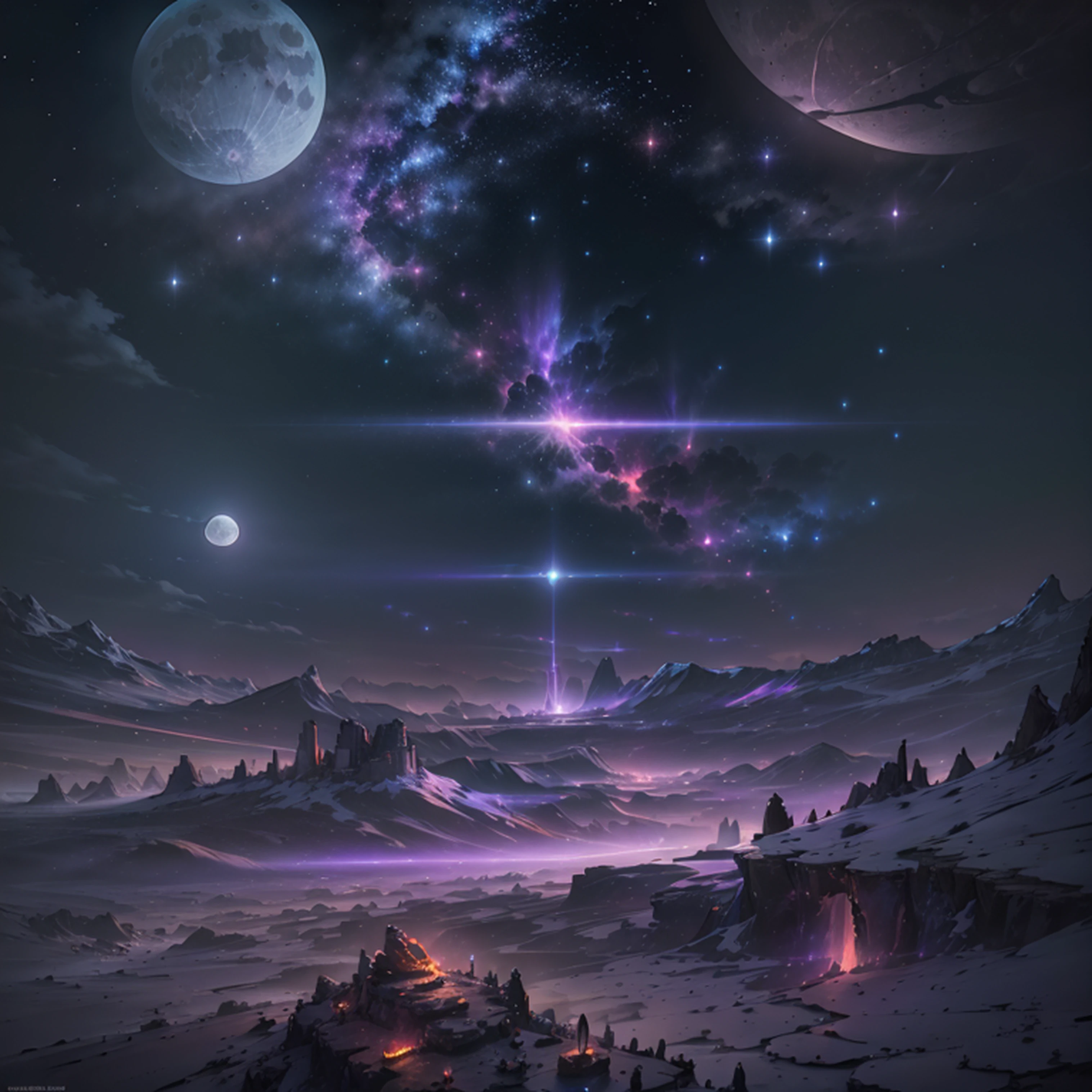 Vast landscape photos、(View from below with a view of the sky and the wilderness below)、Girl standing in a flower field and looking up、(fullmoon:1.2)、(shooting stars:0.9)、(nebulas:1.3)、mountain in the distance、Tree BREAK Production Art、(Warm color Light Source:1.2)、(fireflys:1.2)、abajour、Purple and orange、intricate detailes、Volume Lighting BREAK (masterpiece:1.2)、(top-quality)、4k、ultra-detailliert、(The composition of the movement:1.4)、Highly detailed and colorful details(Irridescent color:1.2)、(glowing lighting、Atmospheric illumination)、dream-like、Fantastical --auto