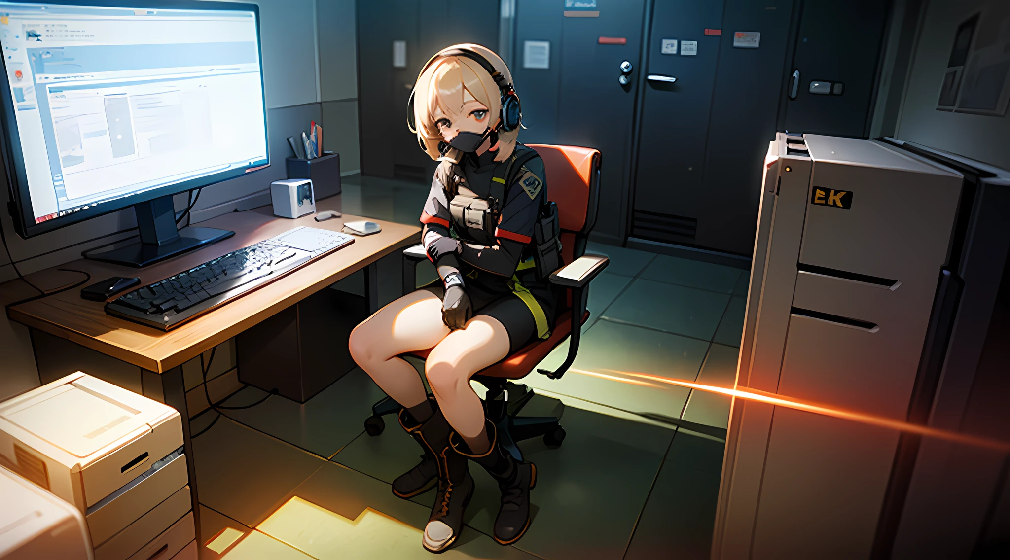 ((high quality)), ((masterpiece)), 8k, 2girls, bulletproof vest, light rays, extremely detailed CG unity 8k wallpaper, game cg, looking at viewer, gloves, boots, full body, watch, computer, mask, no man-machine, hand-held weapon, headset,