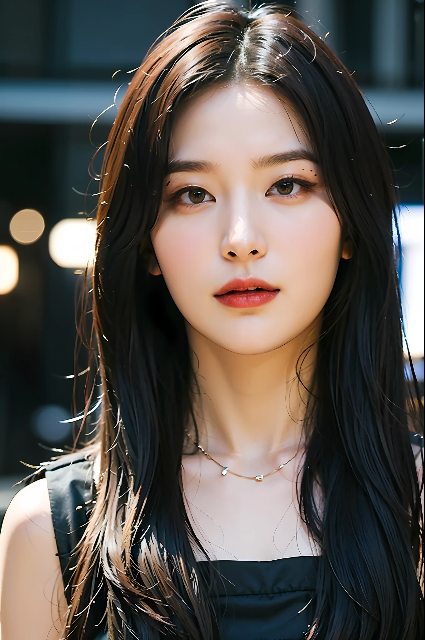 hyper realistic lifelike texture, Dramatic lighting, Unreal Engine trends on ArtStation，an award winning photograph，nikon RAW photo，8 k''，富士XT3，tmasterpiece，best qualtiy，realisticlying，realisticlying，Hyper-detailing，Extremely detailed face，独奏，woman，standing on your feet，Stylish and stylish atmosphere，Concert stage，Designer clothing and accessories，high-end makeup products，And the stylish expression on her face，Surki，