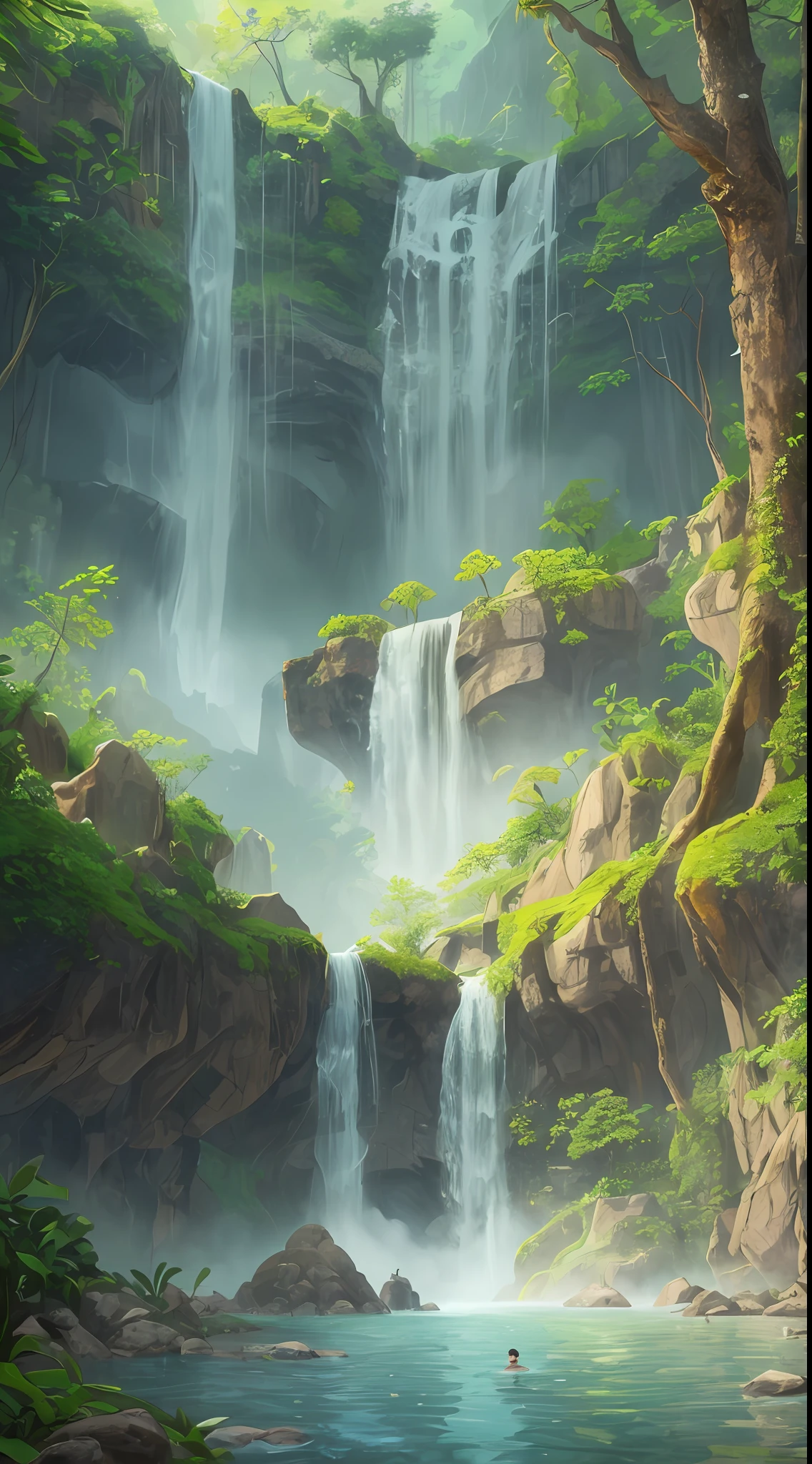 Hot springs, water vapor, waterfalls, ancient Chinese times, spring, jungle, lake, cave, tree, meadow, (illustration: 1.0), epic composition, realistic lighting, HD details, masterpiece, best quality, (very detailed CG unified 8k wallpaper)