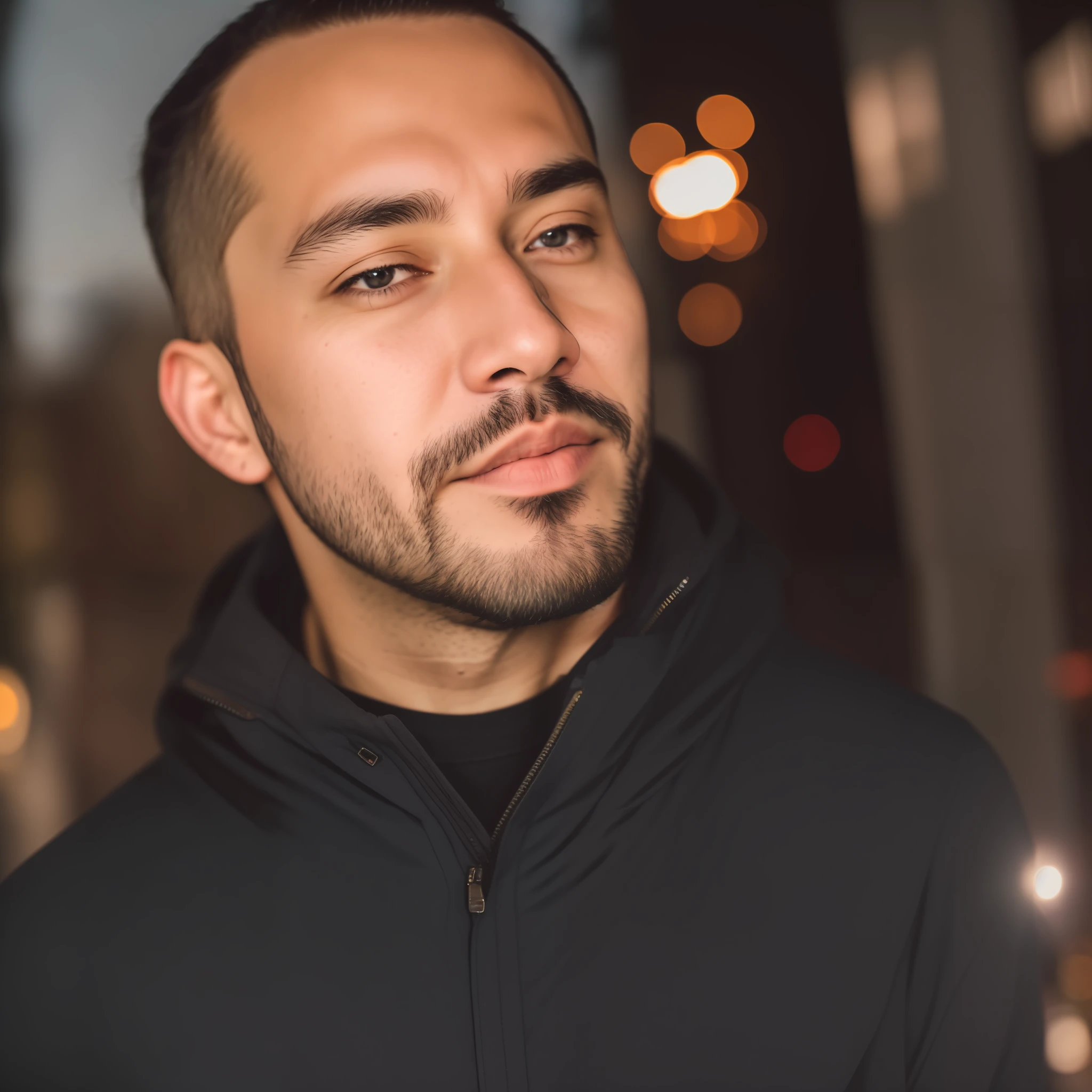 RAW photo, a portrait photo of 34y.o man in casual clothes, night, city street, (high detailed skin:1.2), 8k uhd, dslr, soft lighting, high quality, film grain, Fujifilm XT3