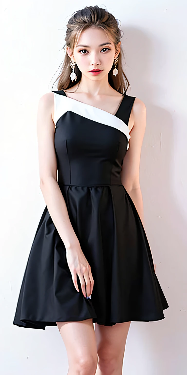 arafed woman in a black and white dress posing for a picture, simple dress, stylish dress, dress, black and white clothes, short dress, elegant dress, black dress, black and white color, frock, cute black dress, wearing an elegant dress, wearing a black dress, stylish dark dress, wearing black dress, wearing a cocktail dress, masterpiece, 8k, cleavage, big boobs, bust detail, hair detail, eye detail