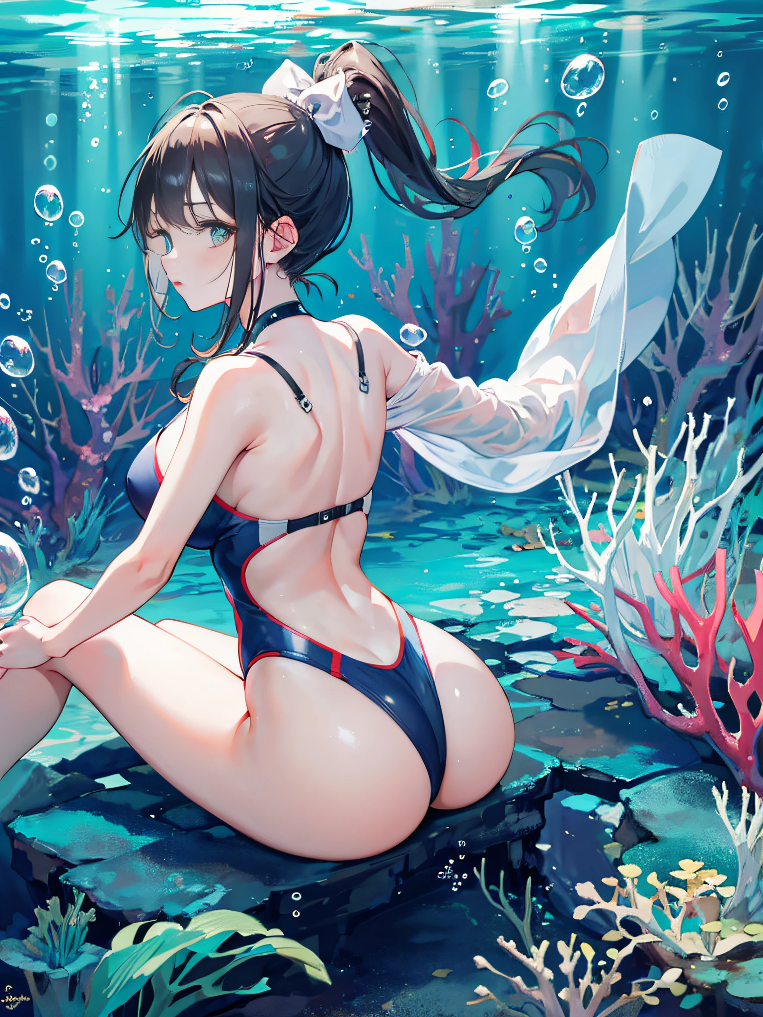 (Underwater:1.5), girl, 19 years, medium breasts, high ponytail, swimsuit, from back, focus on ass, sitting on dry sand, ((surrounded by bubbles)), (())