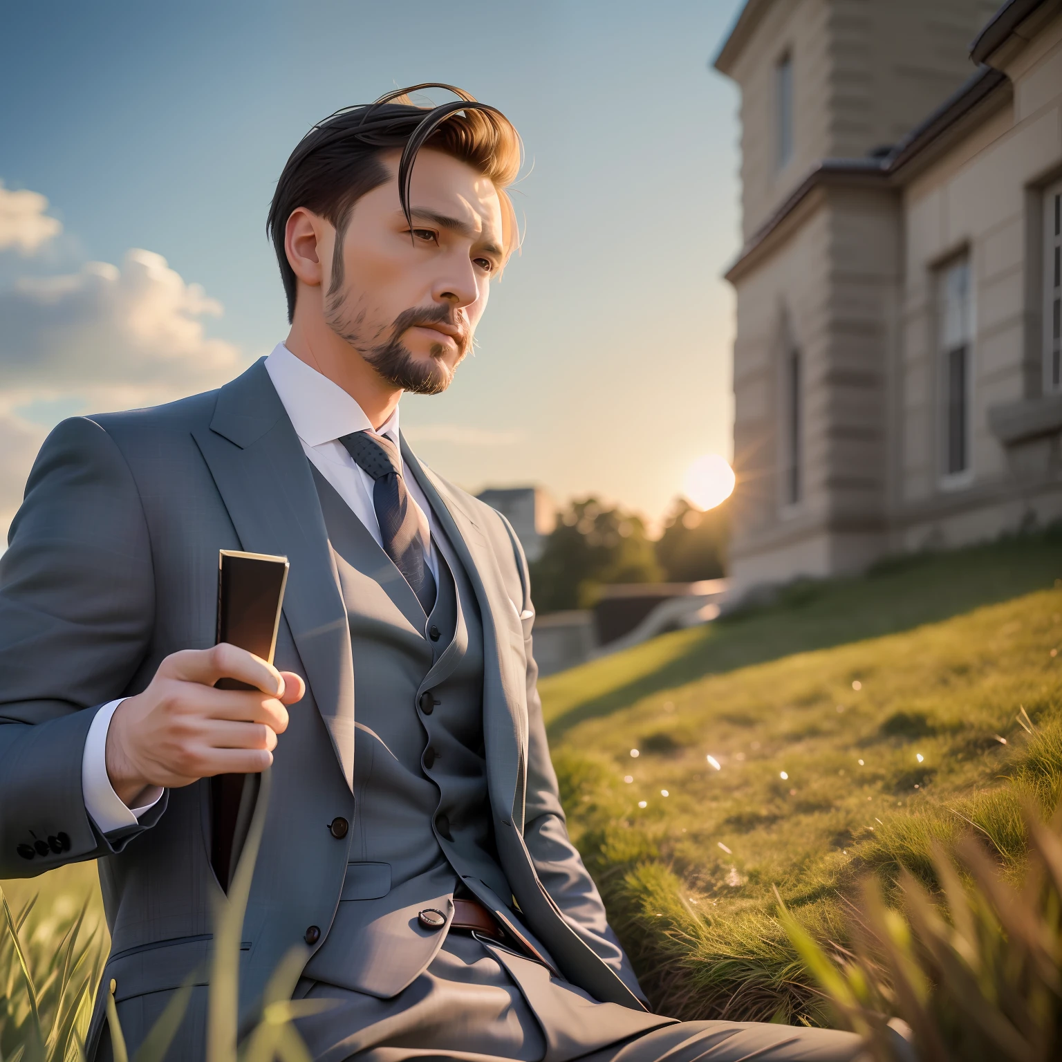grass field，gentleman，hason，steed，HDR，high qulity，Rough face，softlighting，black color hair，brush cut，Square chin，Slight beard，Dark complexion，The upper part of the body，Lying on the lawn，book，the setting sun，High-quality rendering