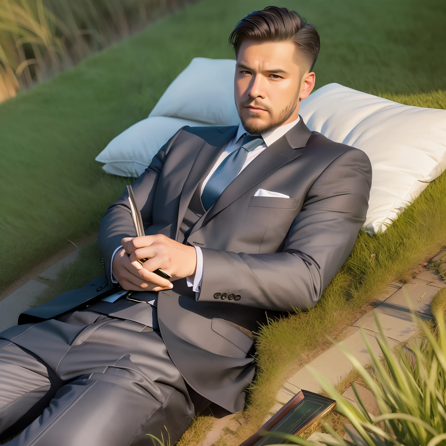 grass field,gentleman,hason,steed,HDR,high qulity,Rough face,softlighting,black color hair,brush cut,Square chin,Slight beard,Dark complexion,The upper part of the body,Lying on the lawn,book,the setting sun,High-quality rendering