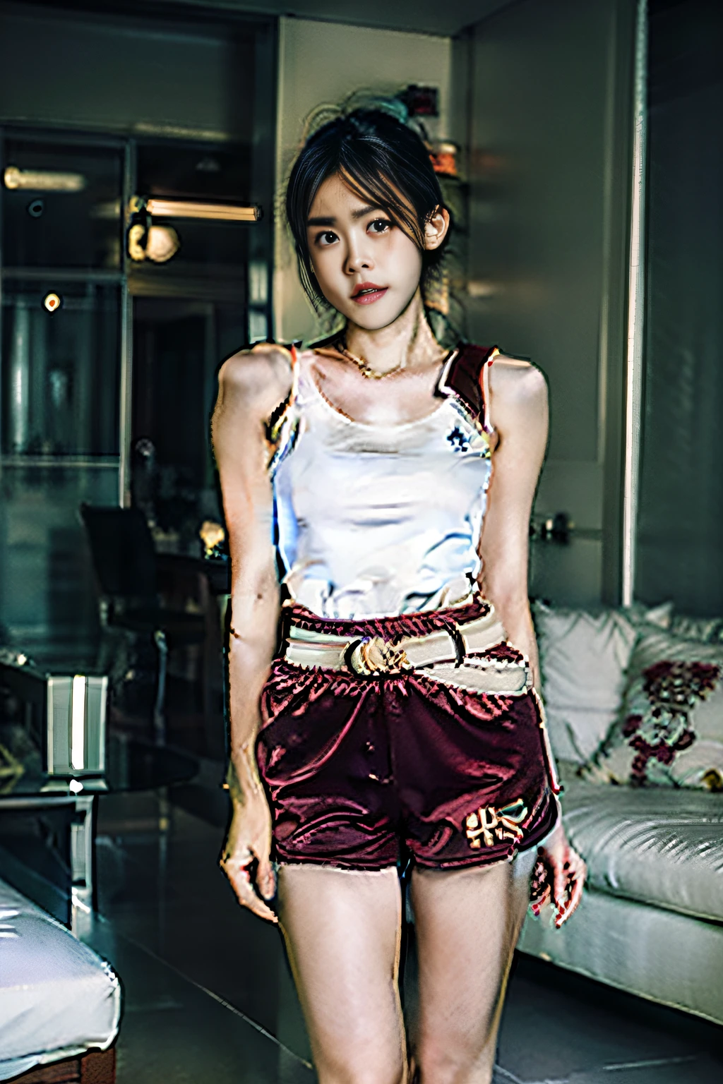 Super detail, High quality, Masterpiece, ccurate, High details，RAW photogr，one-girl，shoulder width，asian descent，young korean girl，with a good figure，Slender figure，small heads，Full body photo，cold light，long leges，White T-shirt（Attire），Thigh shorts were eradicated，waist-to-hip ratio