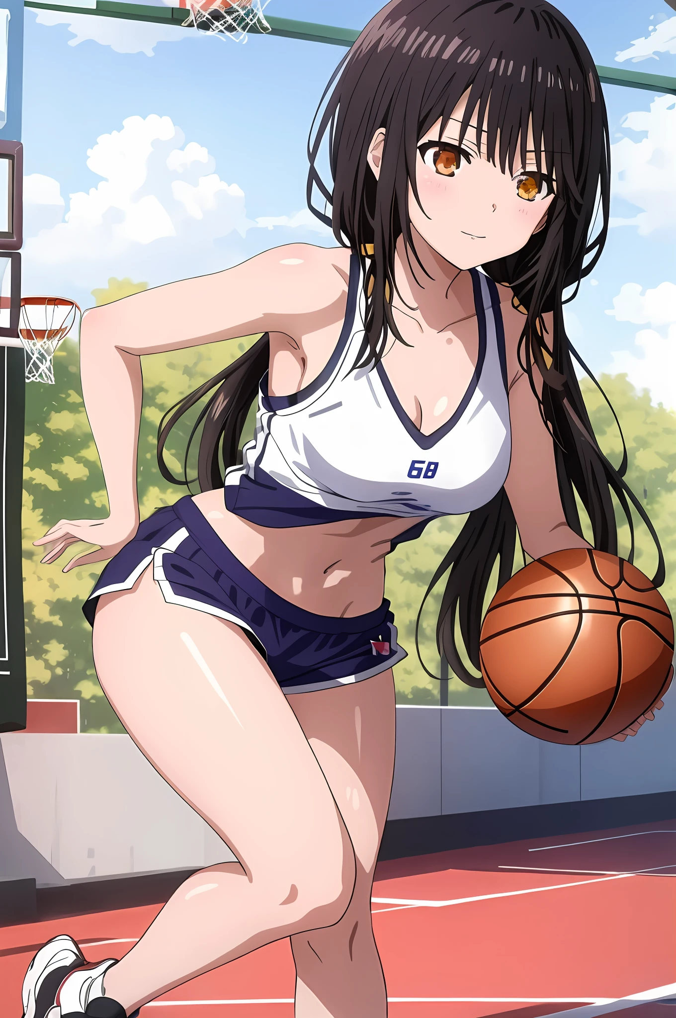Tokisaki kurumi in a sports bra top holding a basketball, tokisaki kurumi, with black pigtails, anime girl cosplay, wearing basketball jersey, sporty, glamorous tokisaki kurumi, basketball, tokisaki kurumi from date a live, anime style