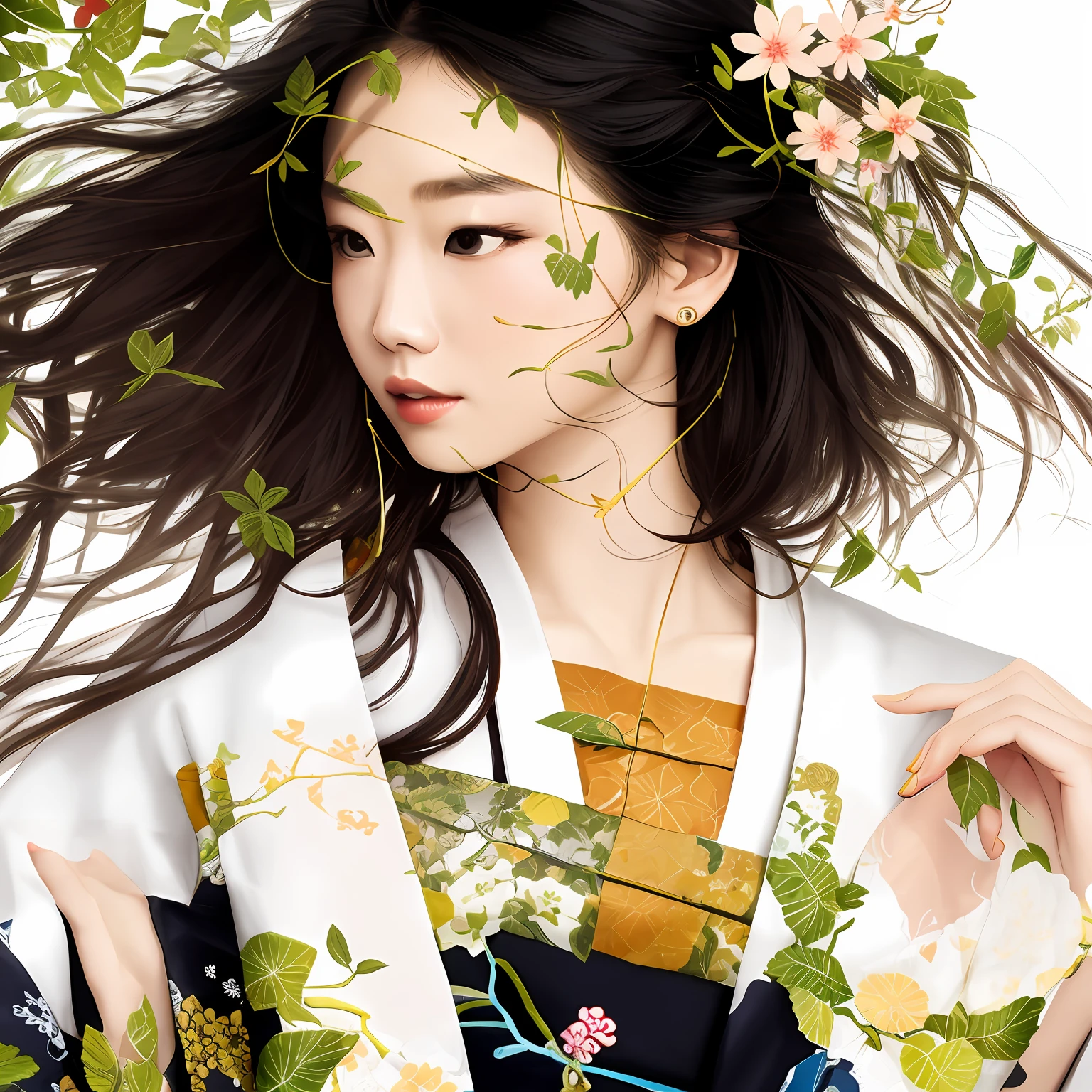 photorealisim、In summer, The tree々Against the background of sunlight from between、Transparent fashion magazine pictures、Young Japan woman in white very thin kimono with bird and snake pattern, Describes a Japan girl wearing a kimono with Hokusai's bird and wood motif over a translucent dress made of lace or mesh fabric. As the sunlight shines through the fabric of the kimono, It creates dynamic shadows and patterns in motifs that seem to meander around the girl's body and legs, Reflecting on her inner desires and passions as a child. This is、Encourage experimentation to create fashion as an interactive system