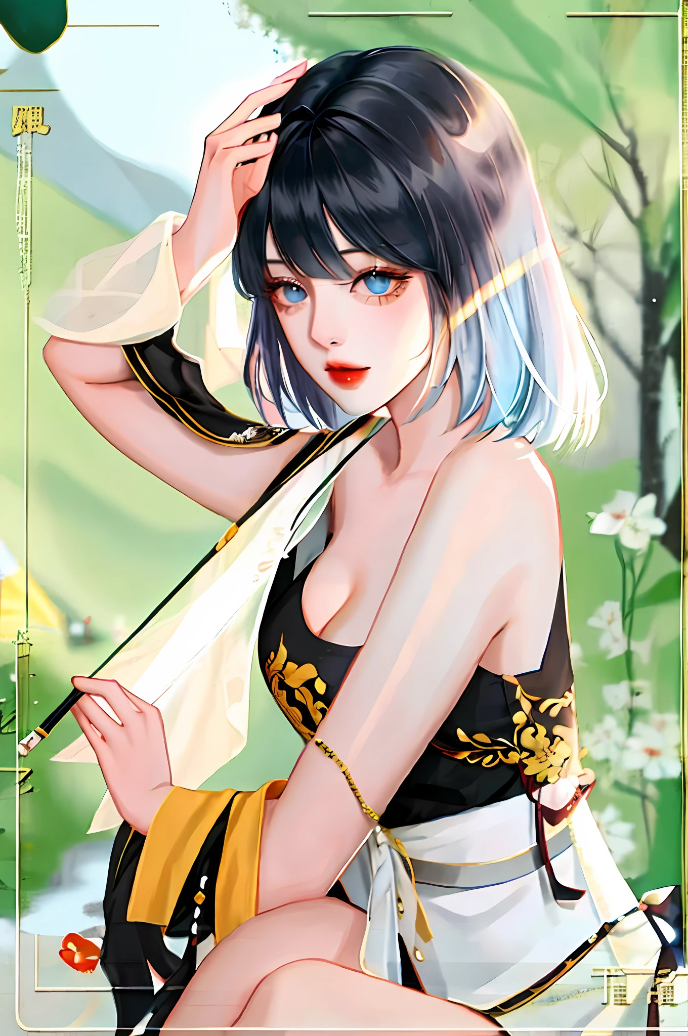 1girll, By bangs, Silvery-white hair, eBlue eyes, fashi-girl, long whitr hair, cleavage, 鎖骨,Female Taoist,full bodyesbian